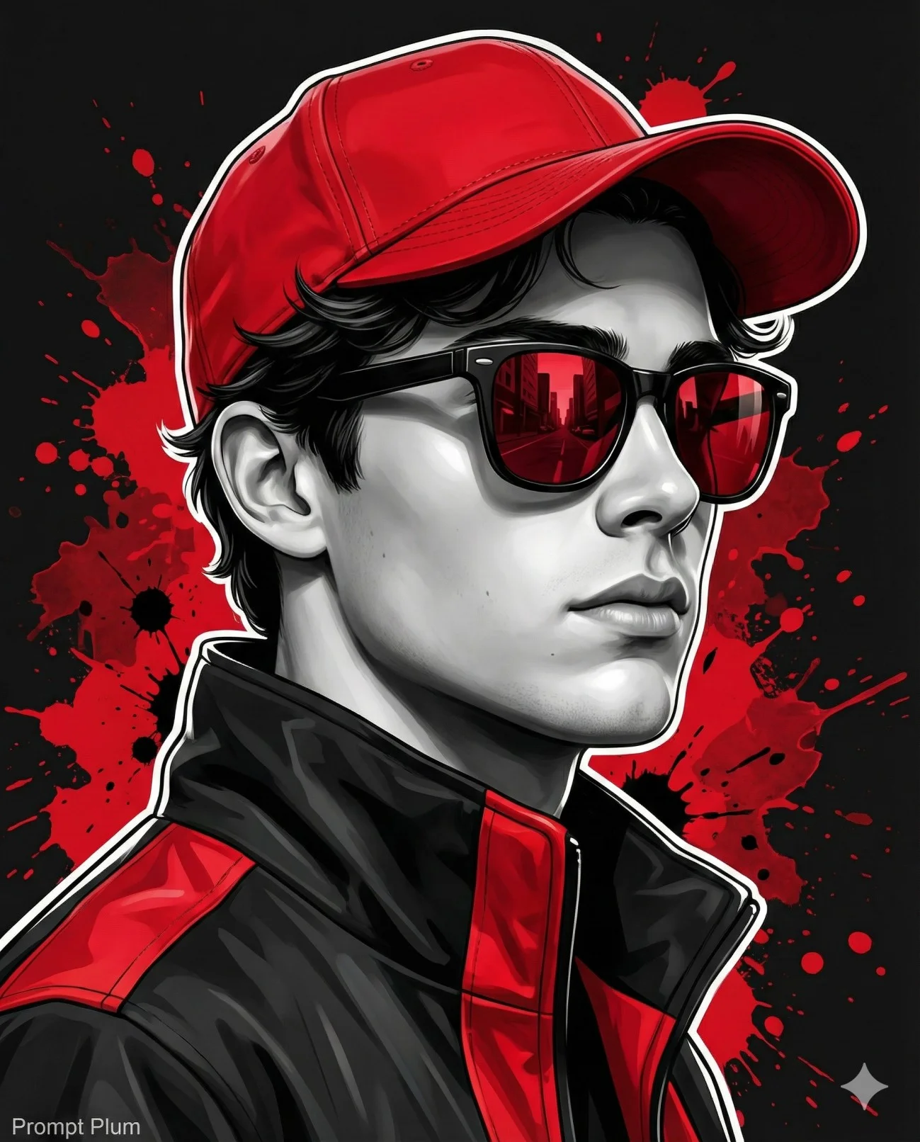 Illustrated man in a red cap and reflective sunglasses against red paint splashes