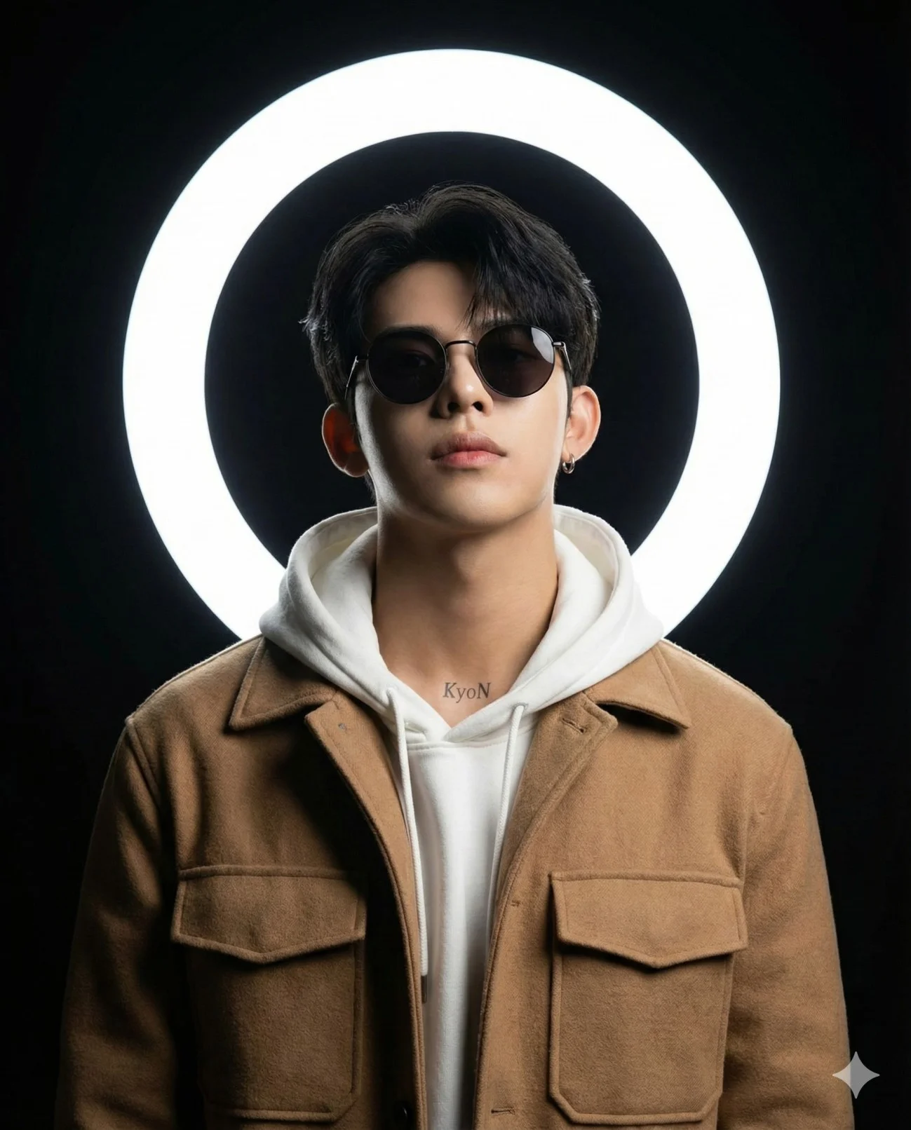 Man in sunglasses and a camel shacket framed by a white ring light halo