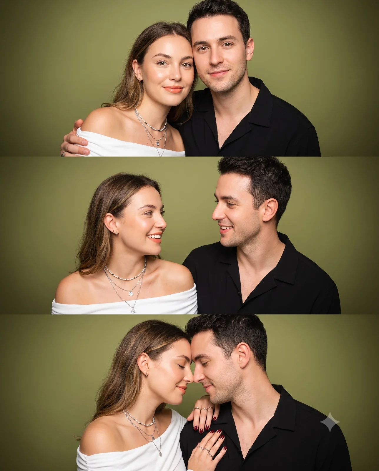 Three-panel portrait collage of a couple smiling and touching foreheads