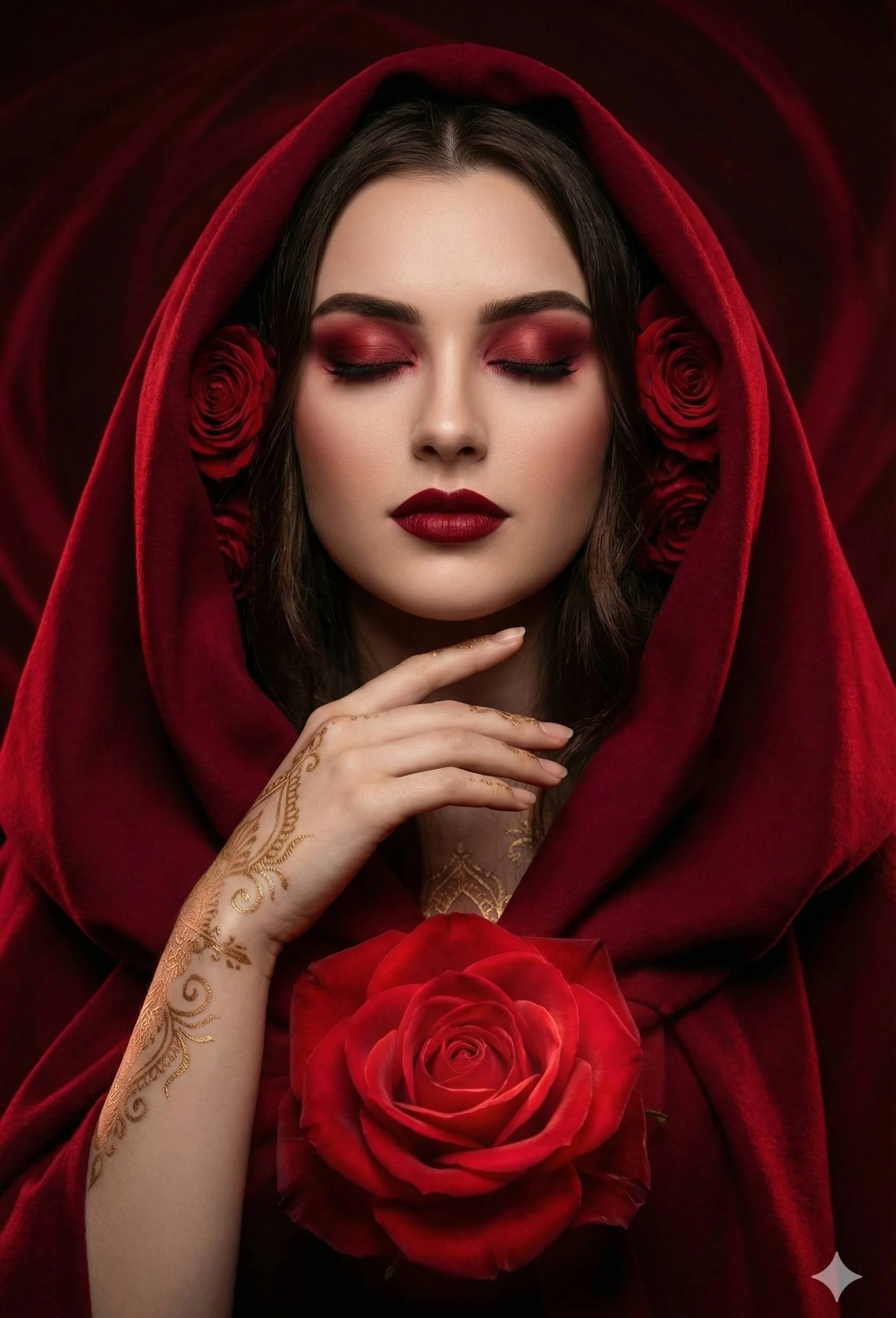 Woman in a deep-red hood posed behind a large velvety rose