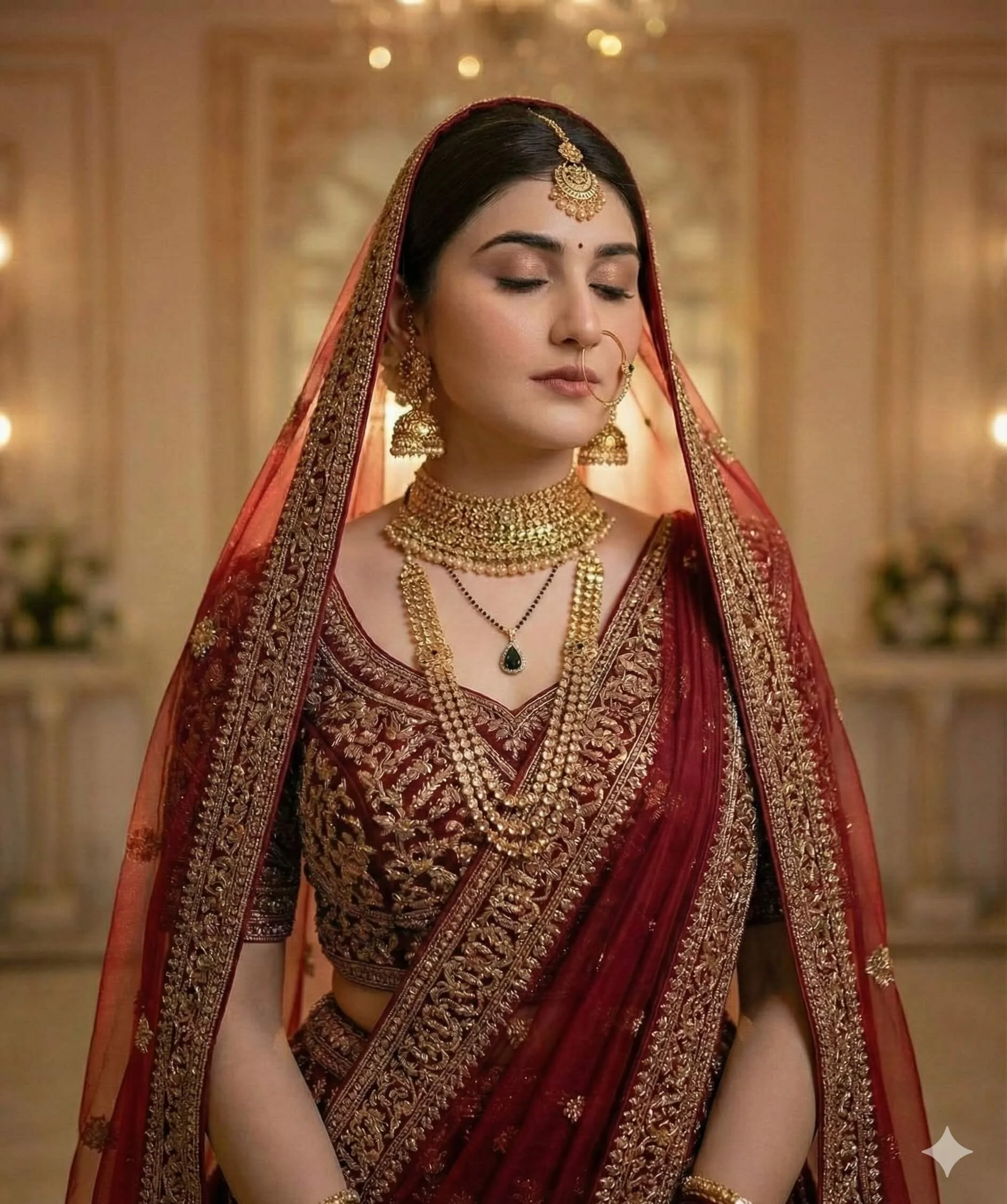 Indian bride with closed eyes wearing a red veil and layered gold jewelry