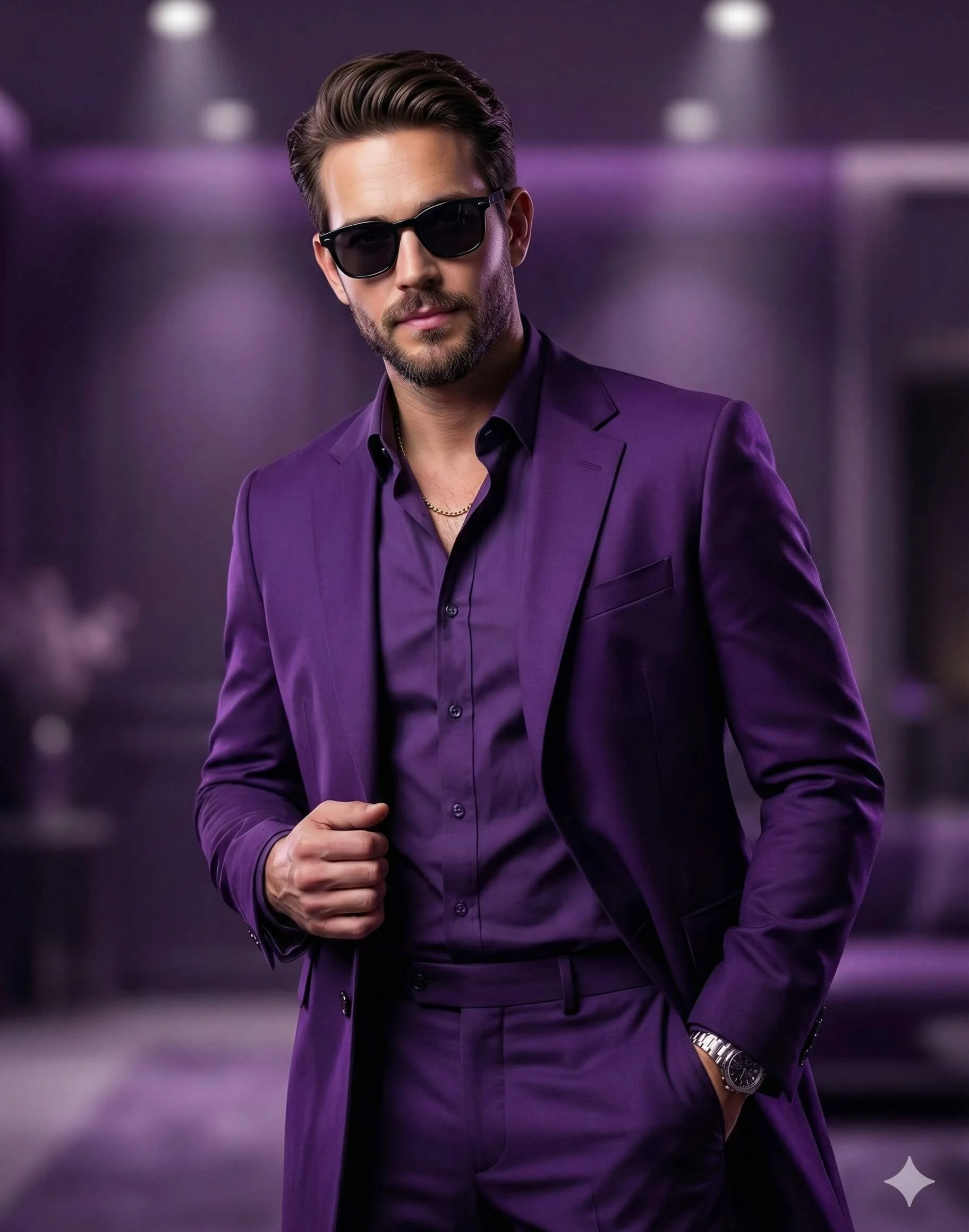 Man in a purple formal suit and sunglasses posing in a purple luxury interior
