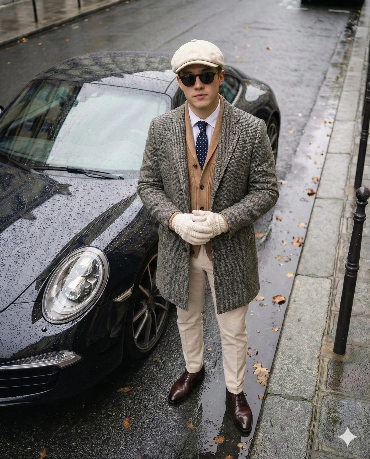 Stylish man in tweed and cream clothing beside a rain-covered black sports car