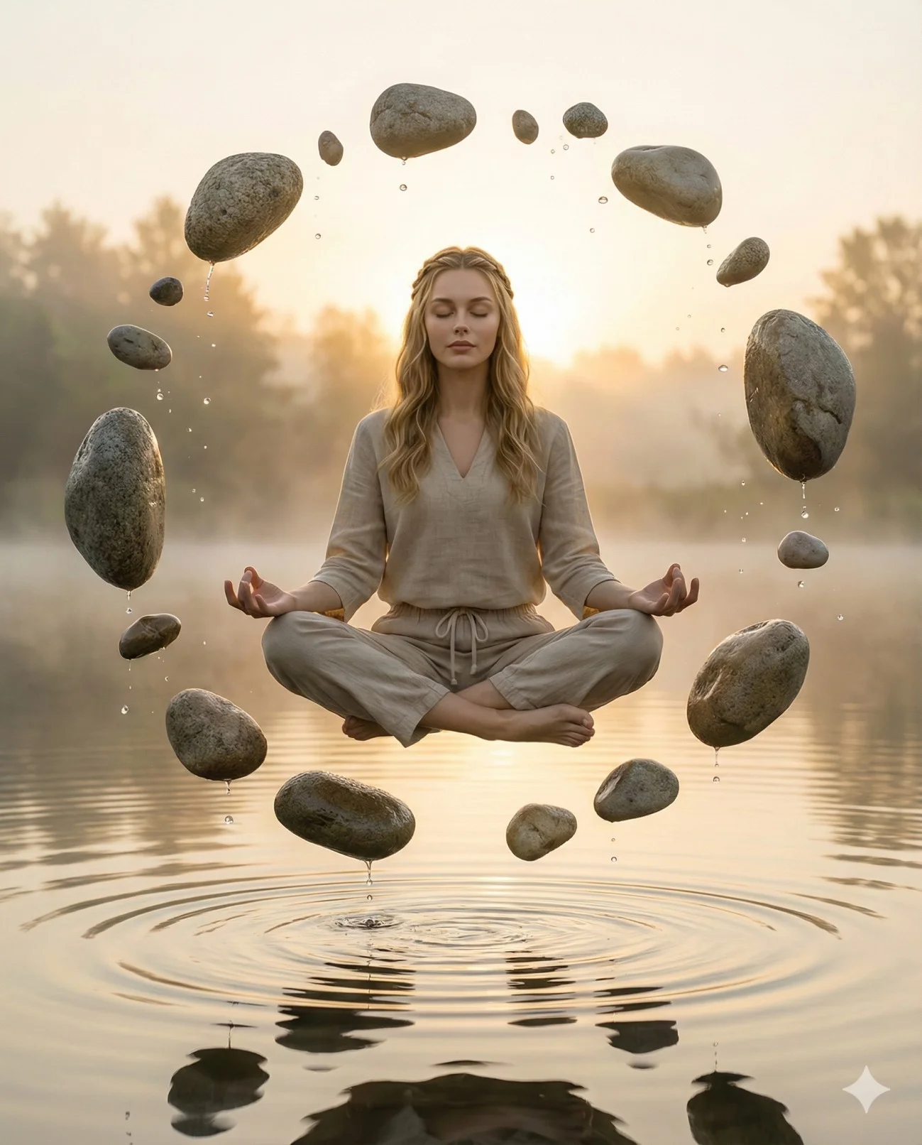 Woman meditating above a lake within a spiral of levitating stones