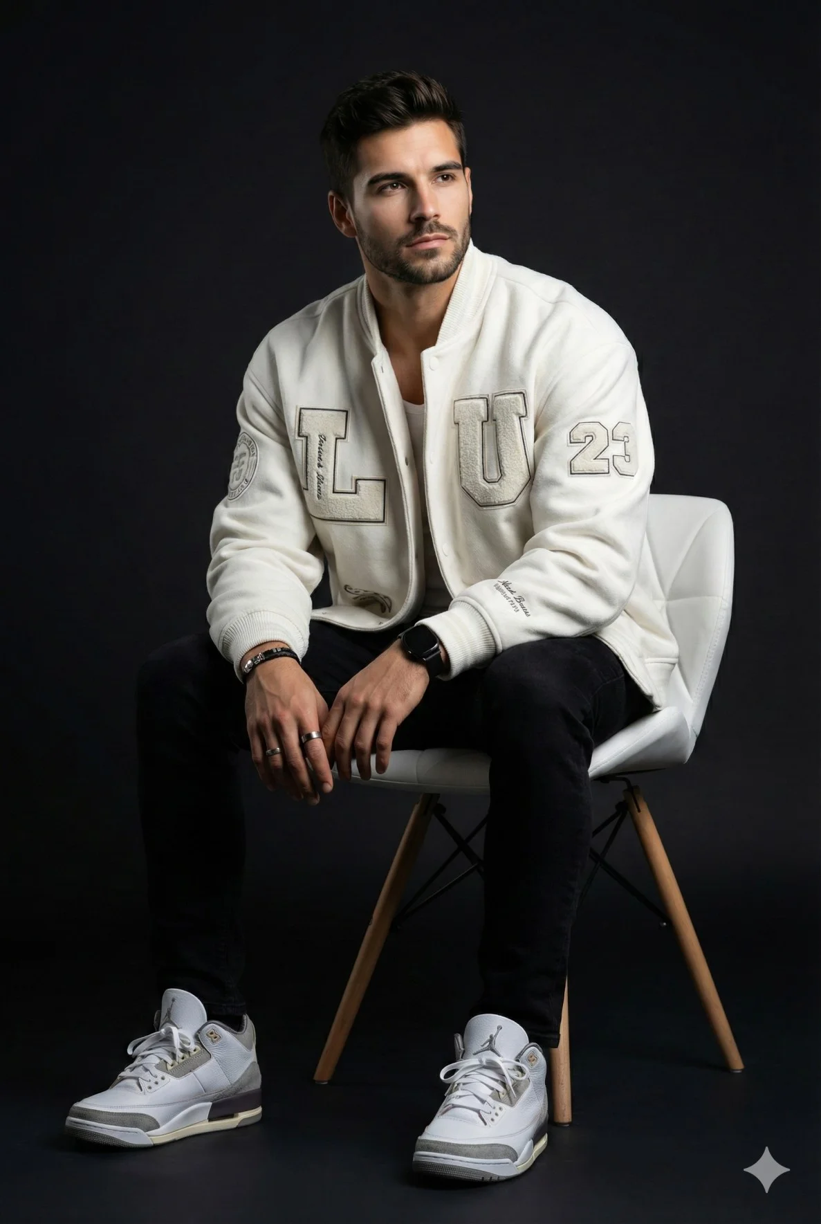 Man in a white varsity jacket seated on a white geometric studio chair