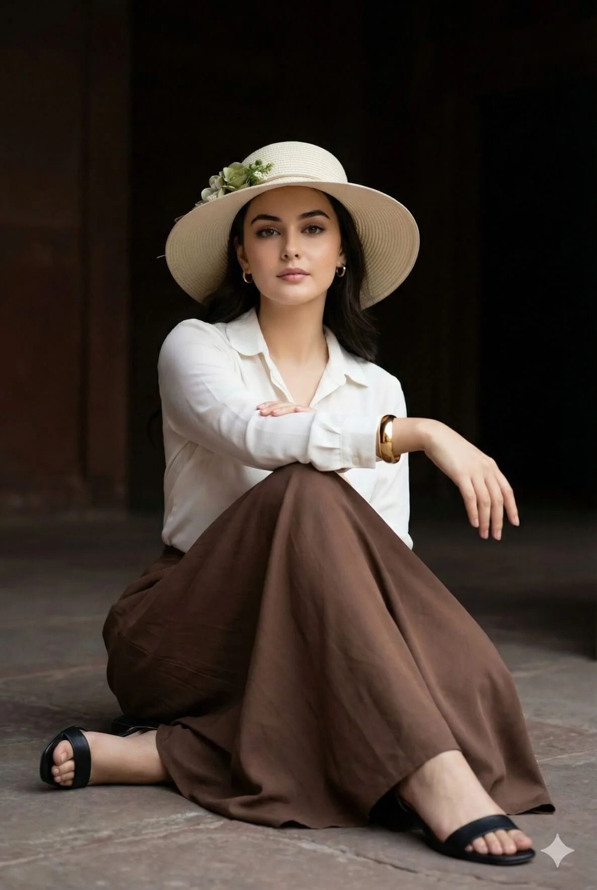 Woman seated in a cream wide-brim hat, white blouse, and long brown skirt