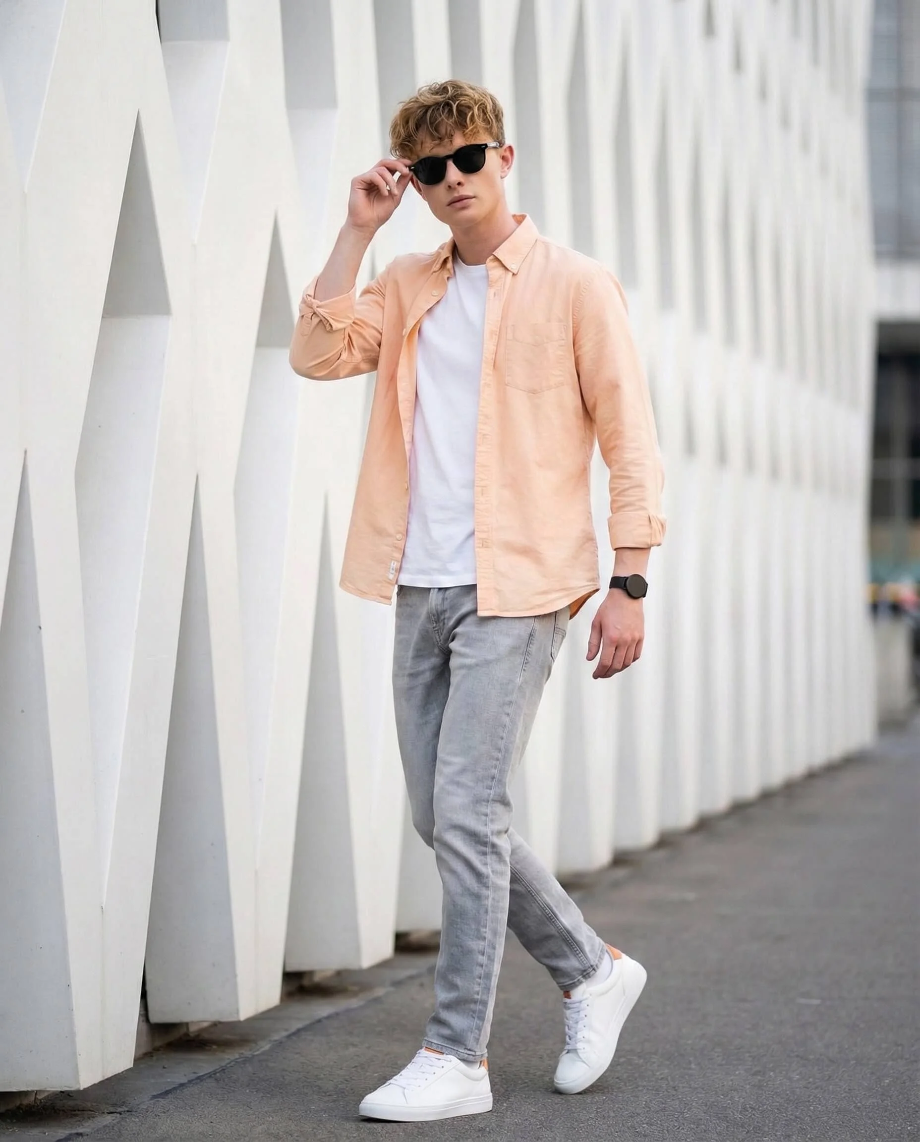 Man in an open peach shirt and grey jeans walking beside a geometric white wall