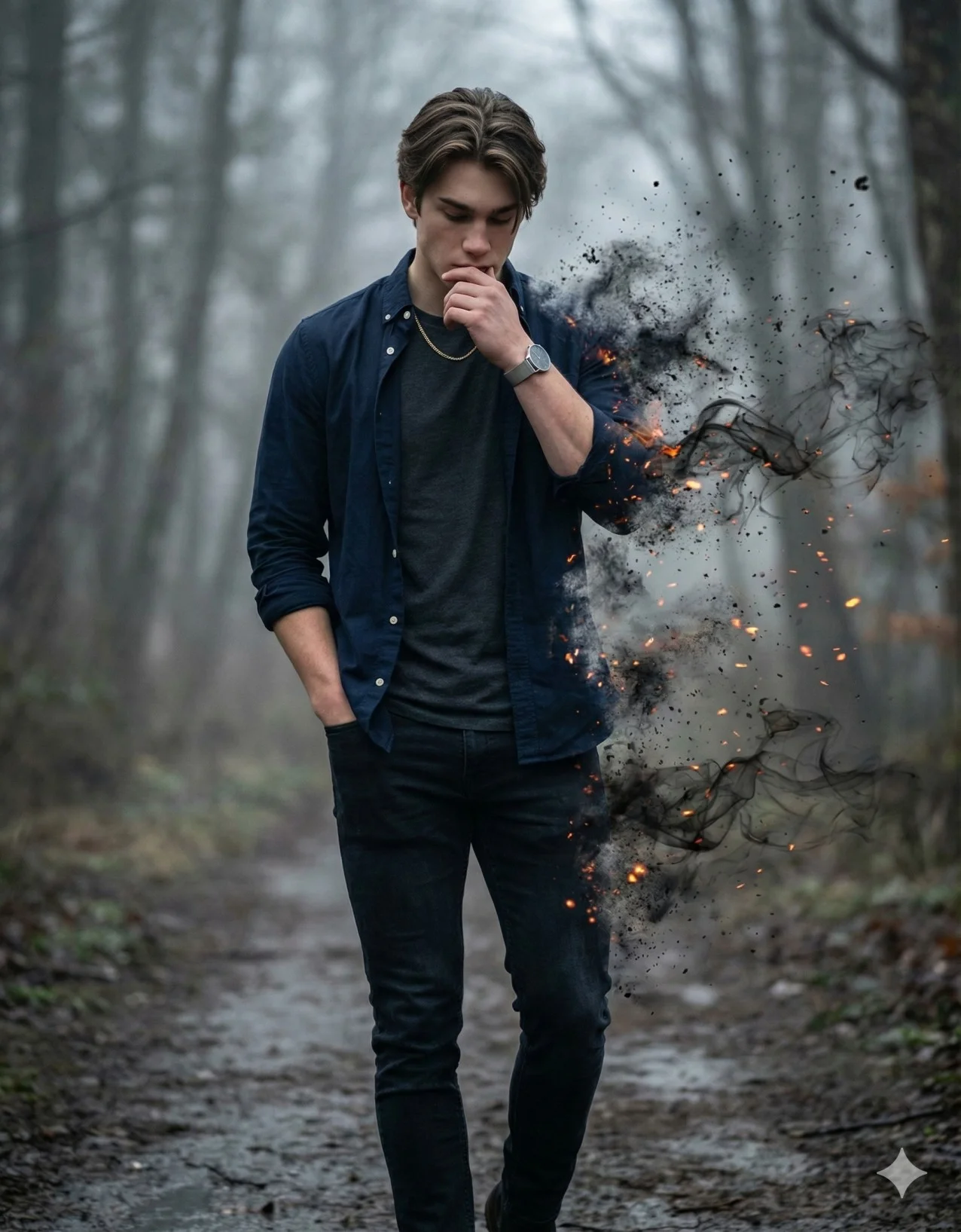 Thoughtful man walking through fog as one side dissolves into smoke and embers