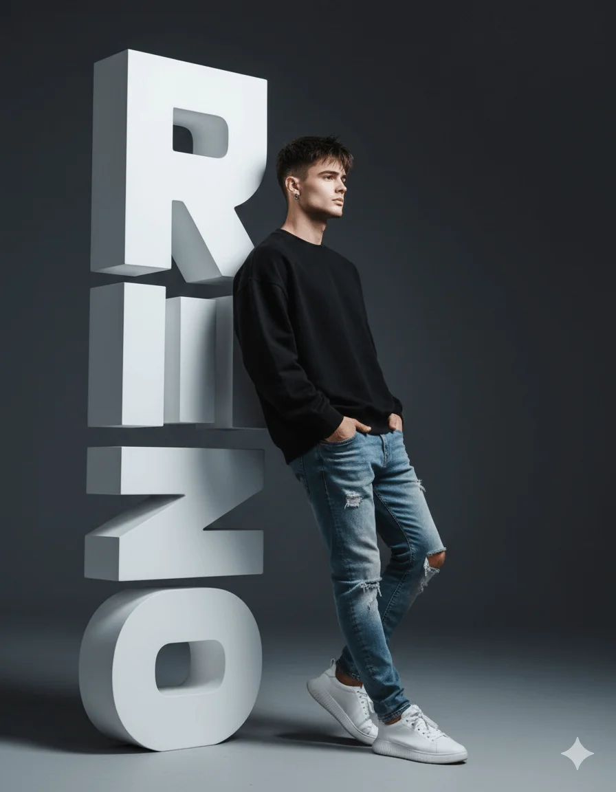 Man in black streetwear leaning against a large white RENO letter sculpture