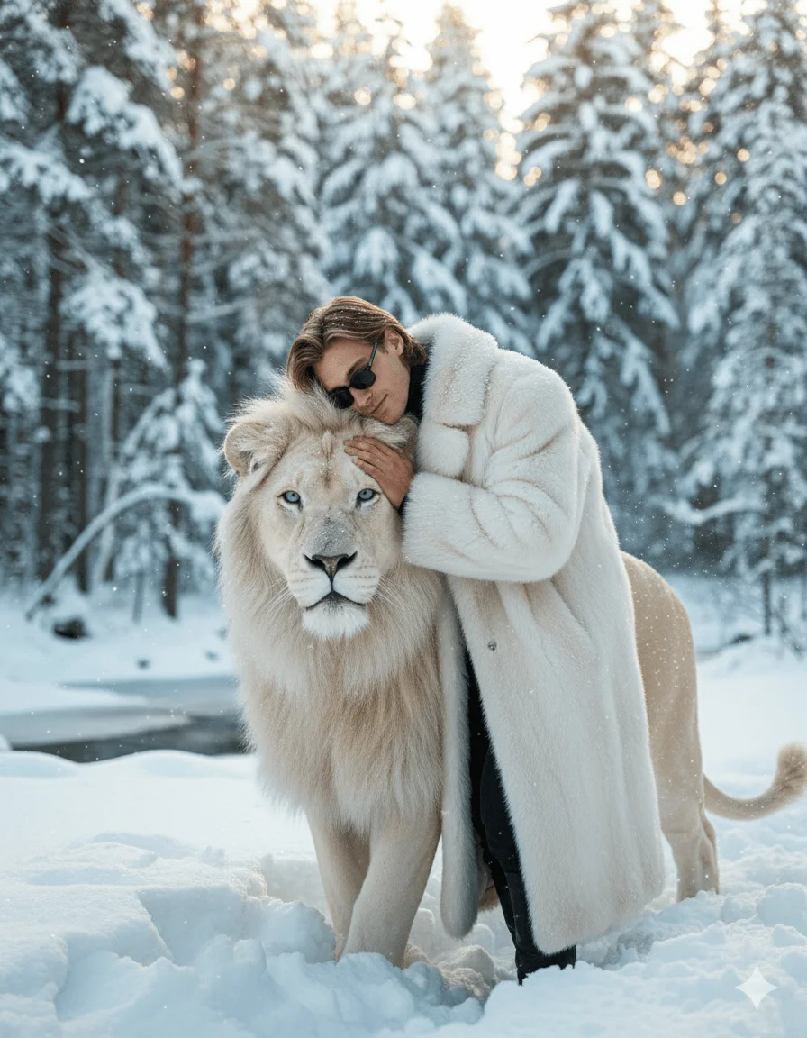Person in a white fur coat embracing a white lion in a snowy forest