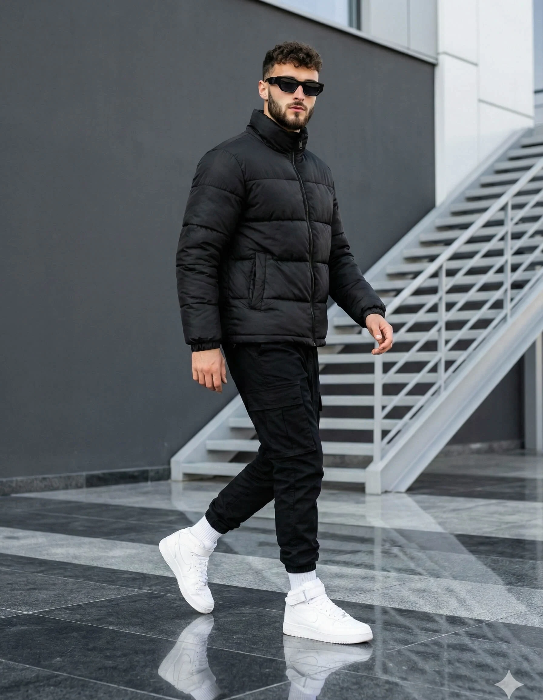 Man in a black puffer jacket walking beside a grey geometric staircase