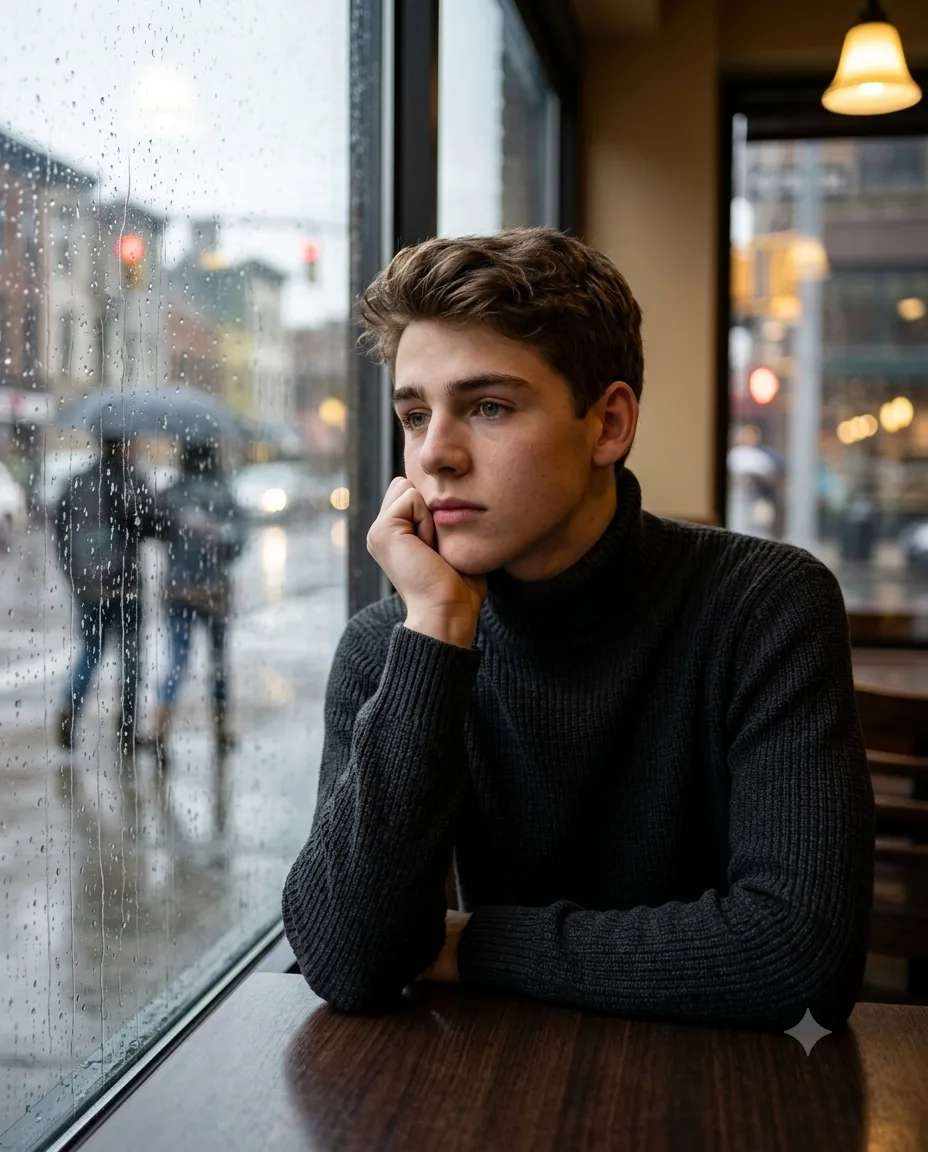 Thoughtful person in a dark turtleneck seated beside a rain-covered café window
