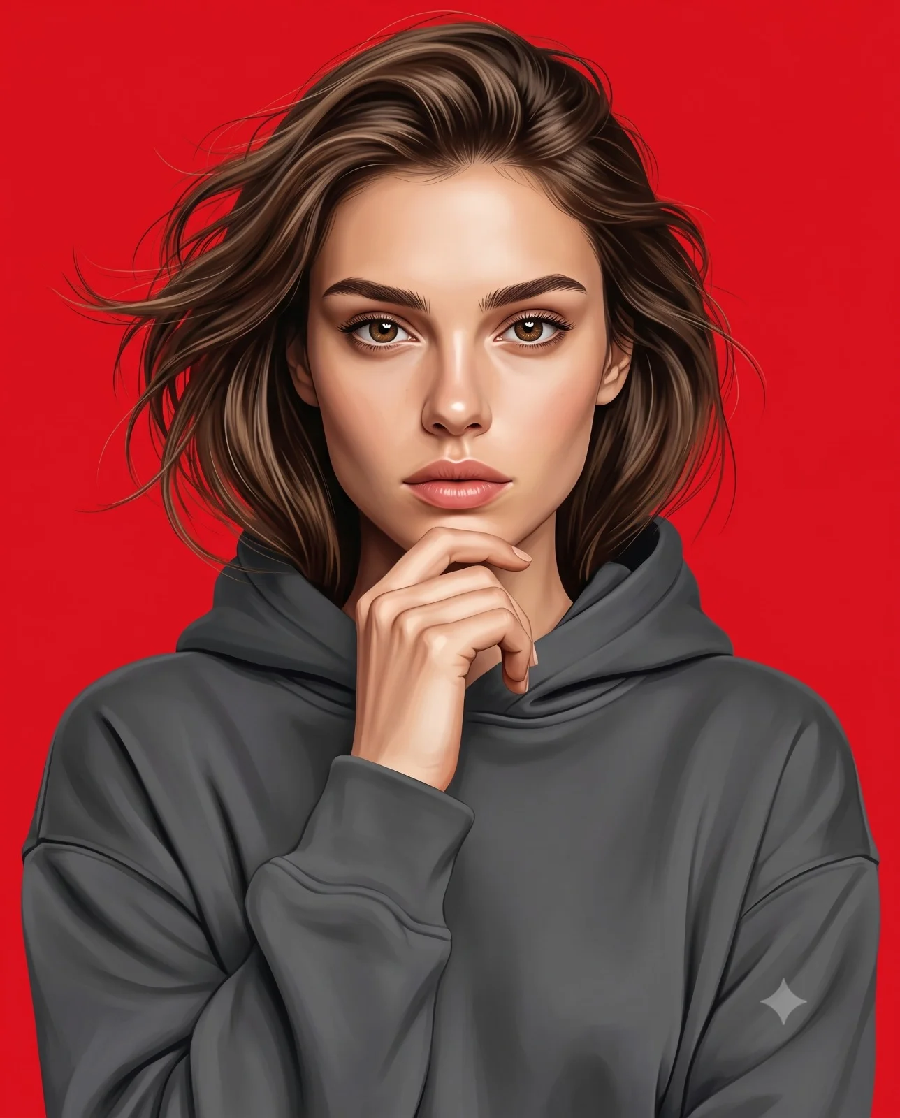 Illustrated thoughtful woman in a grey hoodie against a bold red background