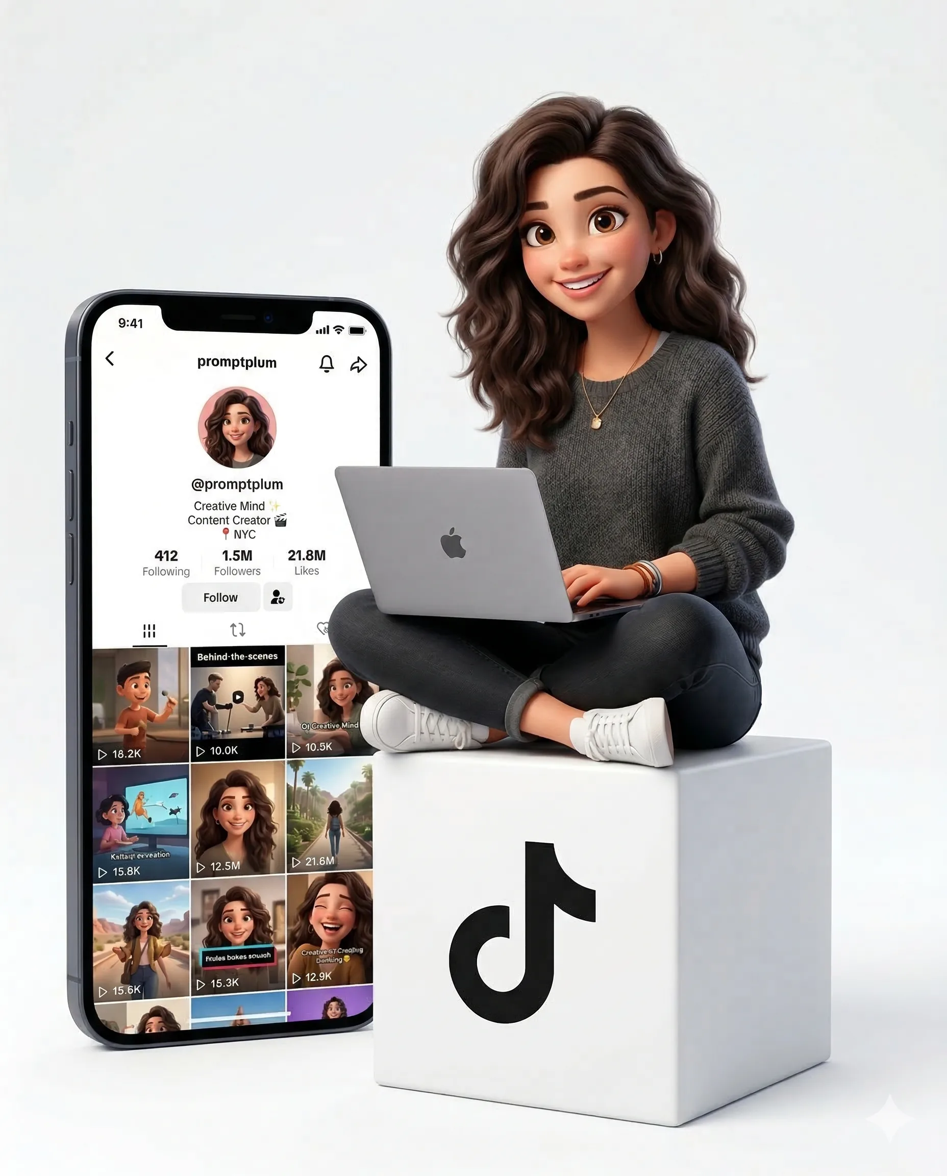 3D female creator seated with a laptop beside a giant TikTok-style profile phone
