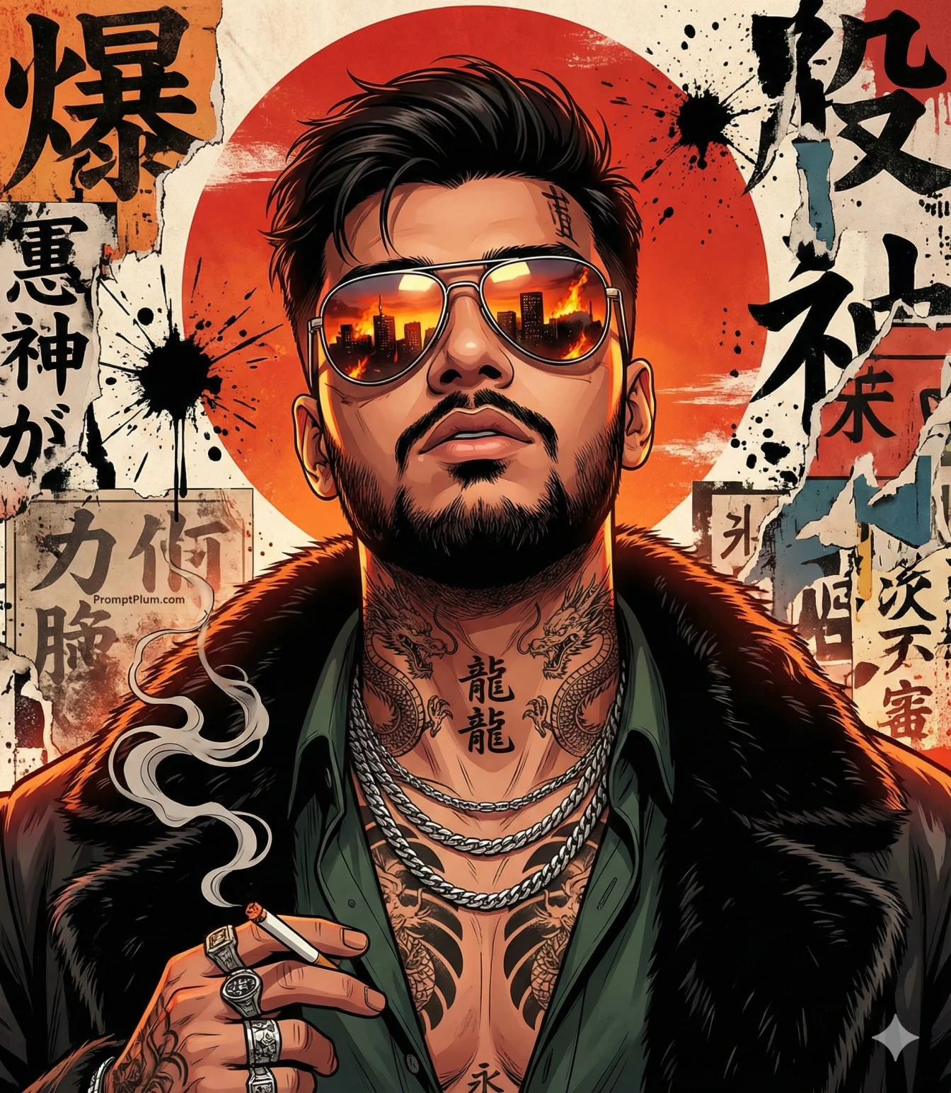Tattooed man in mirrored aviators before a red rising-sun street-art collage