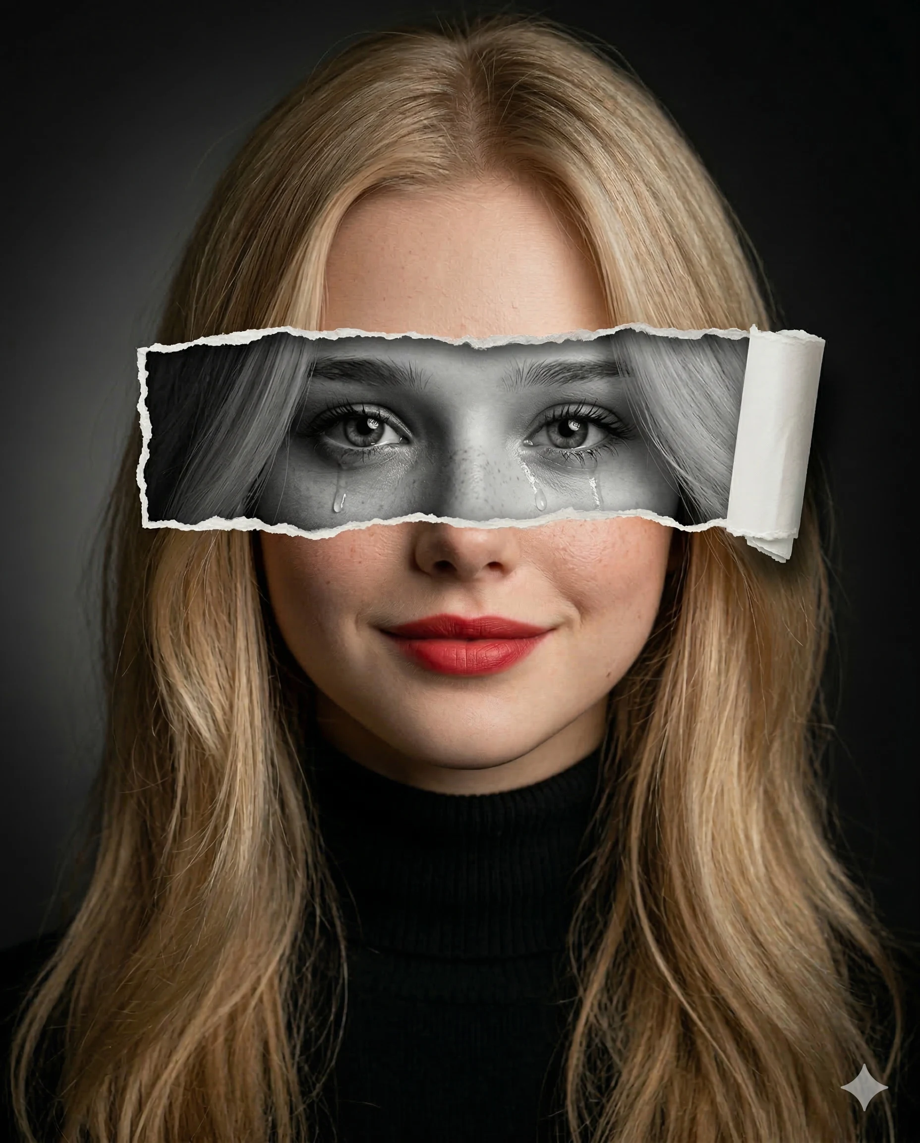 Woman with tearful monochrome eyes revealed through a torn strip across her smiling color portrait