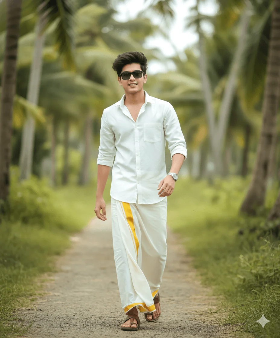 Man in a white shirt and traditional veshti walking through a coconut garden