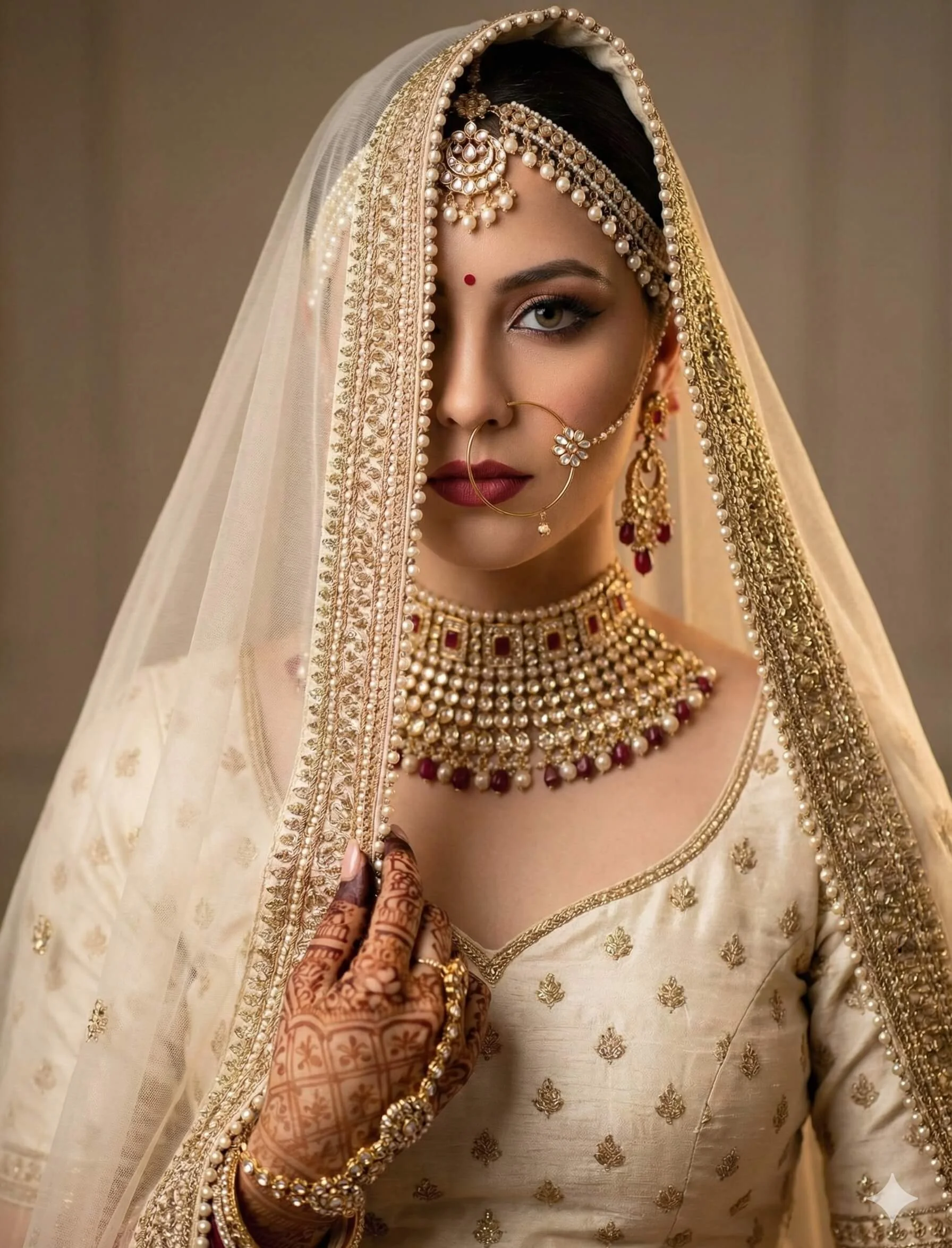 Indian bride holding a pearl-edged cream veil over half her face