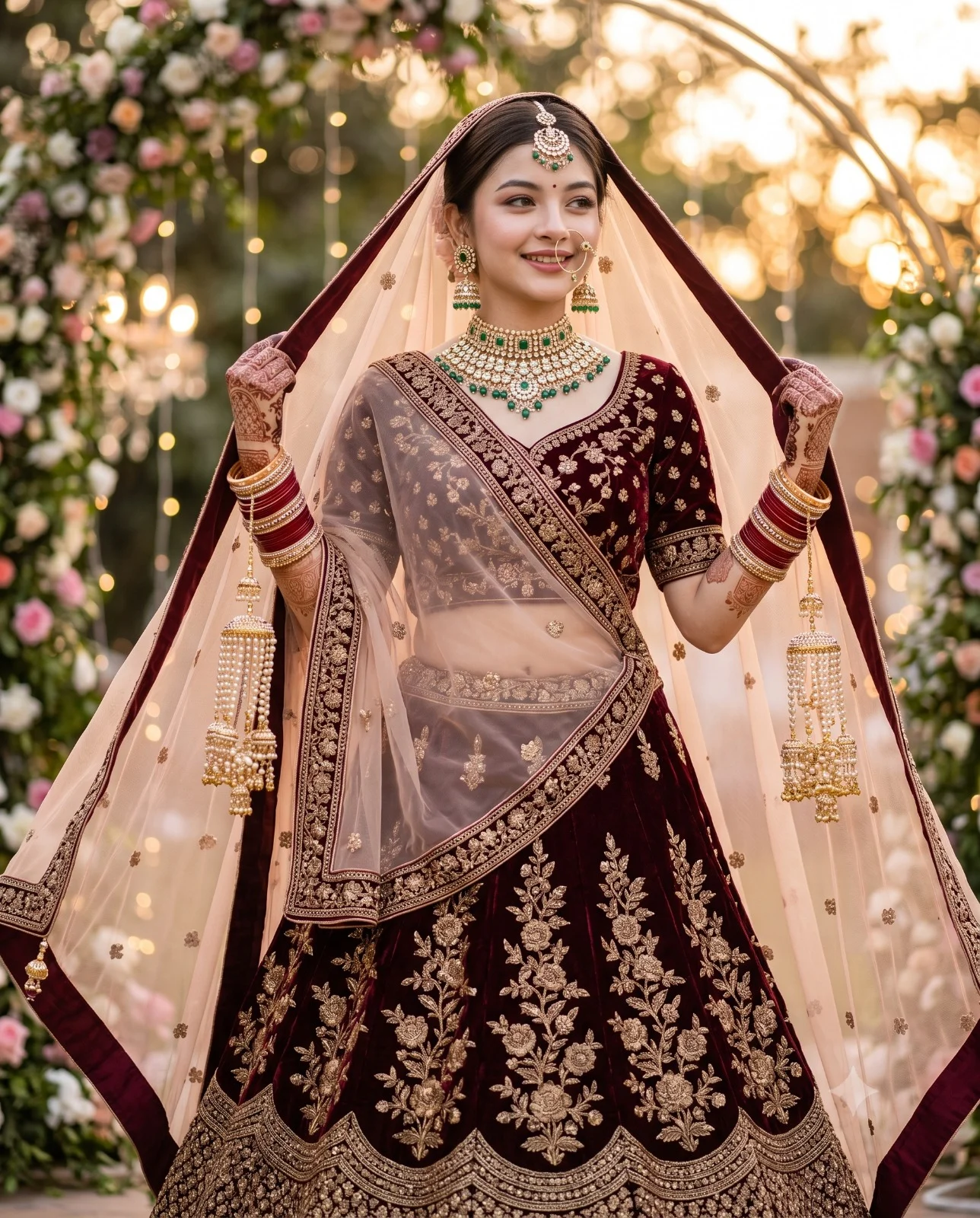 Indian bride in a maroon velvet lehenga holding a blush veil at a floral venue