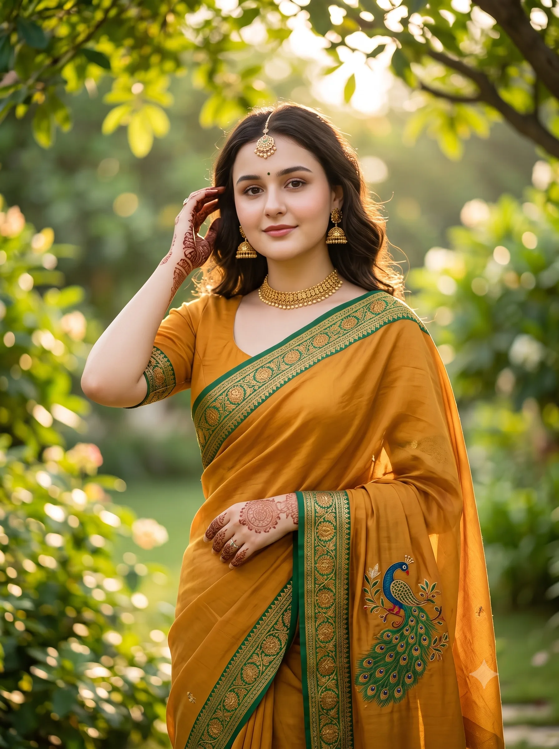Woman in a mustard saree with a peacock border standing in a green garden