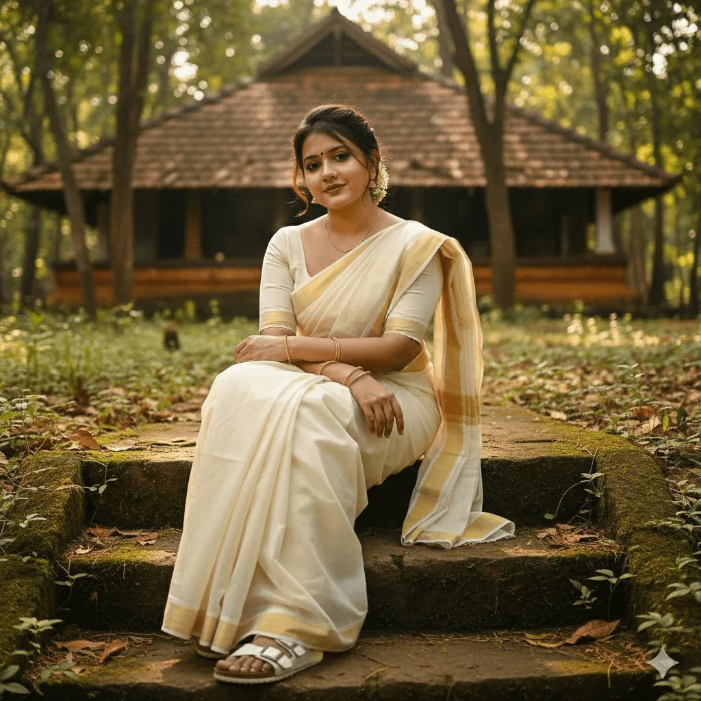 Woman in a Kerala kasavu saree seated on stone steps in a forest setting