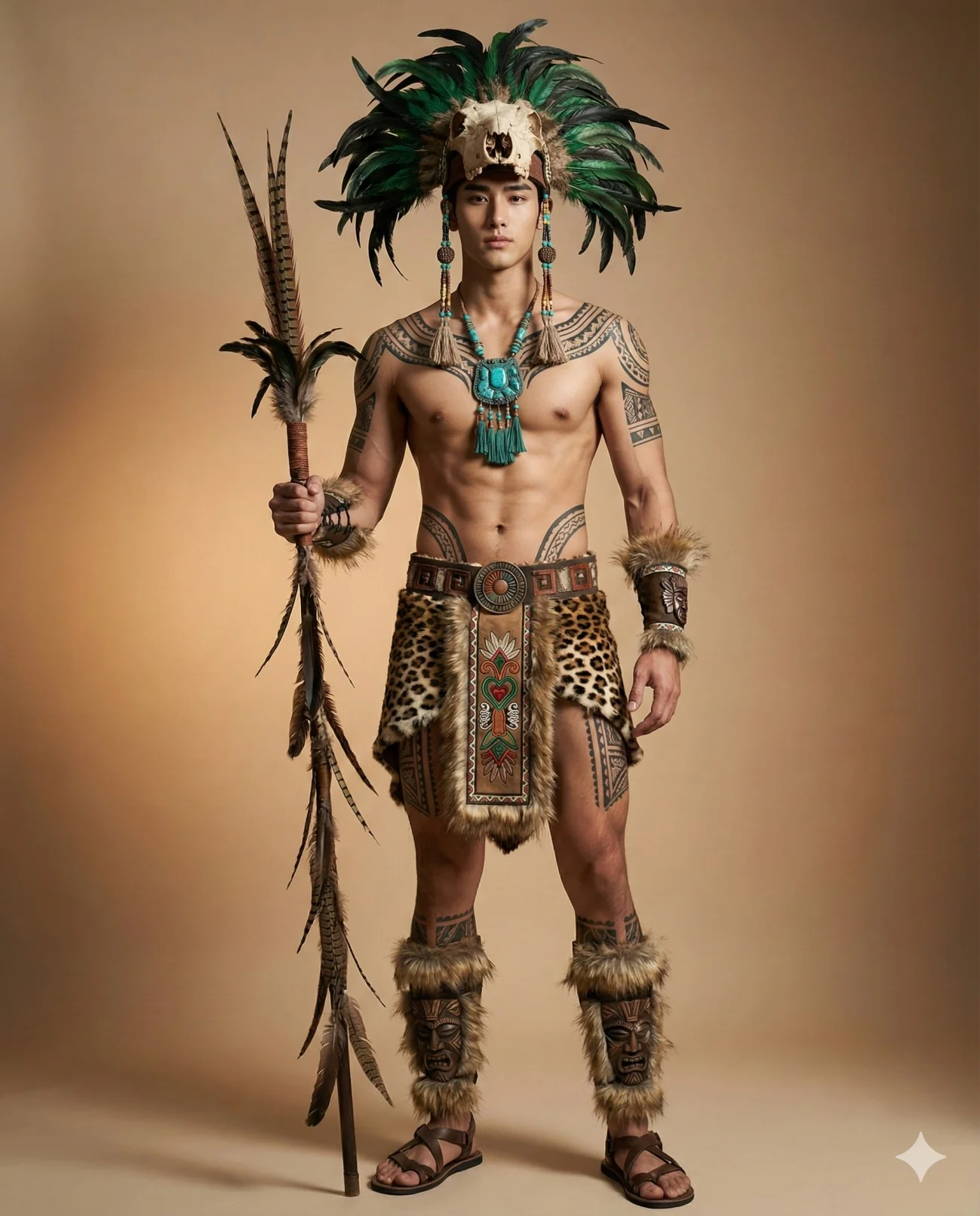 Tattooed tribal warrior in a skull headdress holding a feathered staff