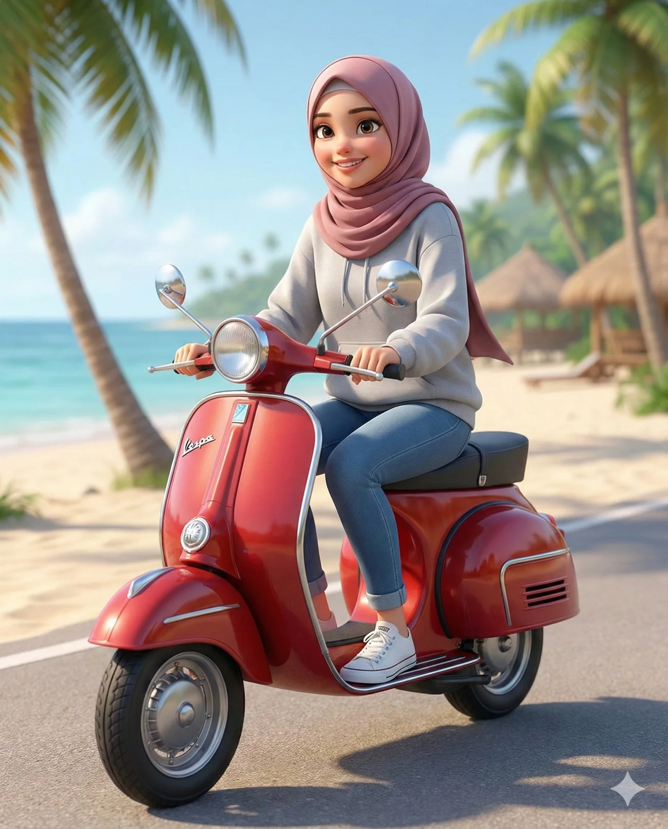 3D woman in a pink hijab riding a red scooter on a tropical beach road