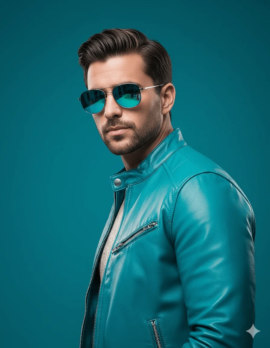 Person in a turquoise leather jacket and teal sunglasses against a matching backdrop