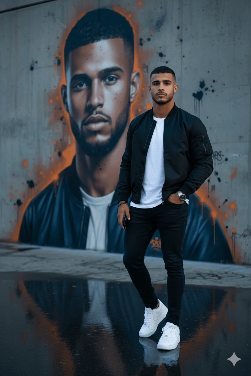 Man in black streetwear standing before a giant graffiti portrait of himself