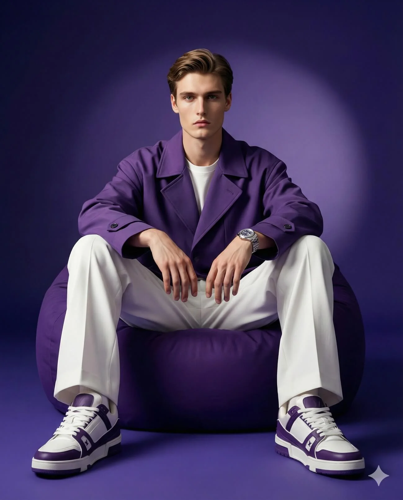 Man in a purple trench seated on a deep-purple beanbag