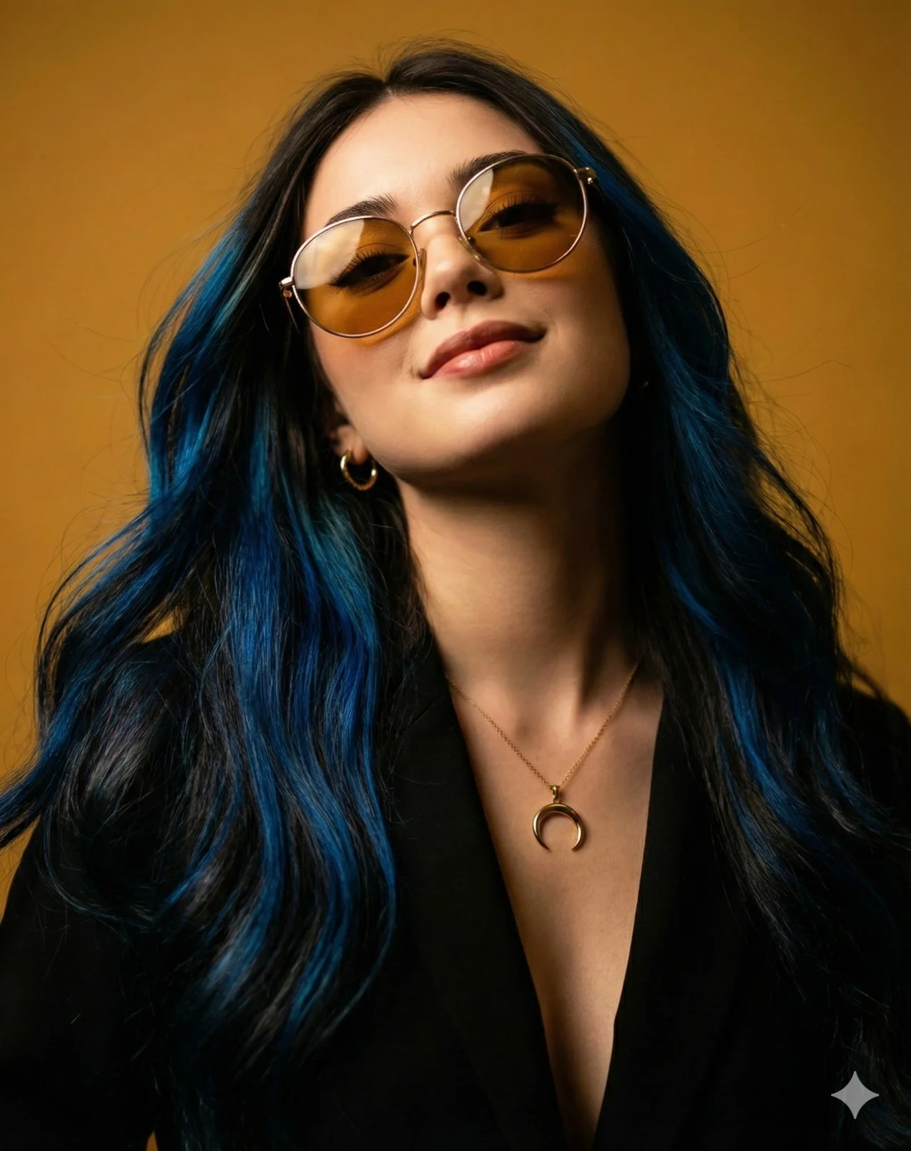 Woman with blue-streaked hair and amber sunglasses against a mustard wall