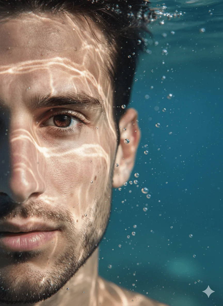 Half of a submerged face with one eye in sharp focus amid bubbles