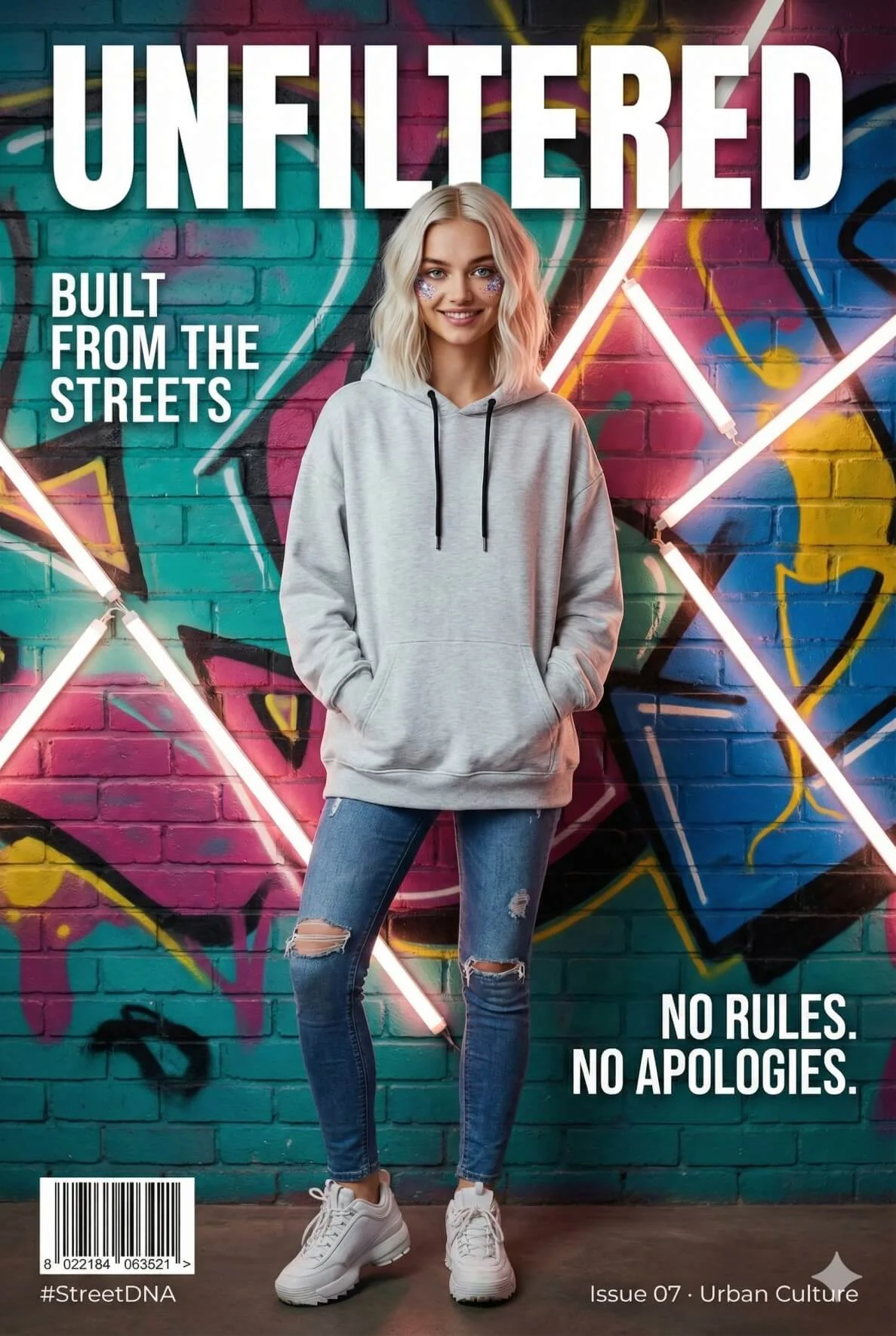 Woman in a grey hoodie posed on an UNFILTERED graffiti magazine cover