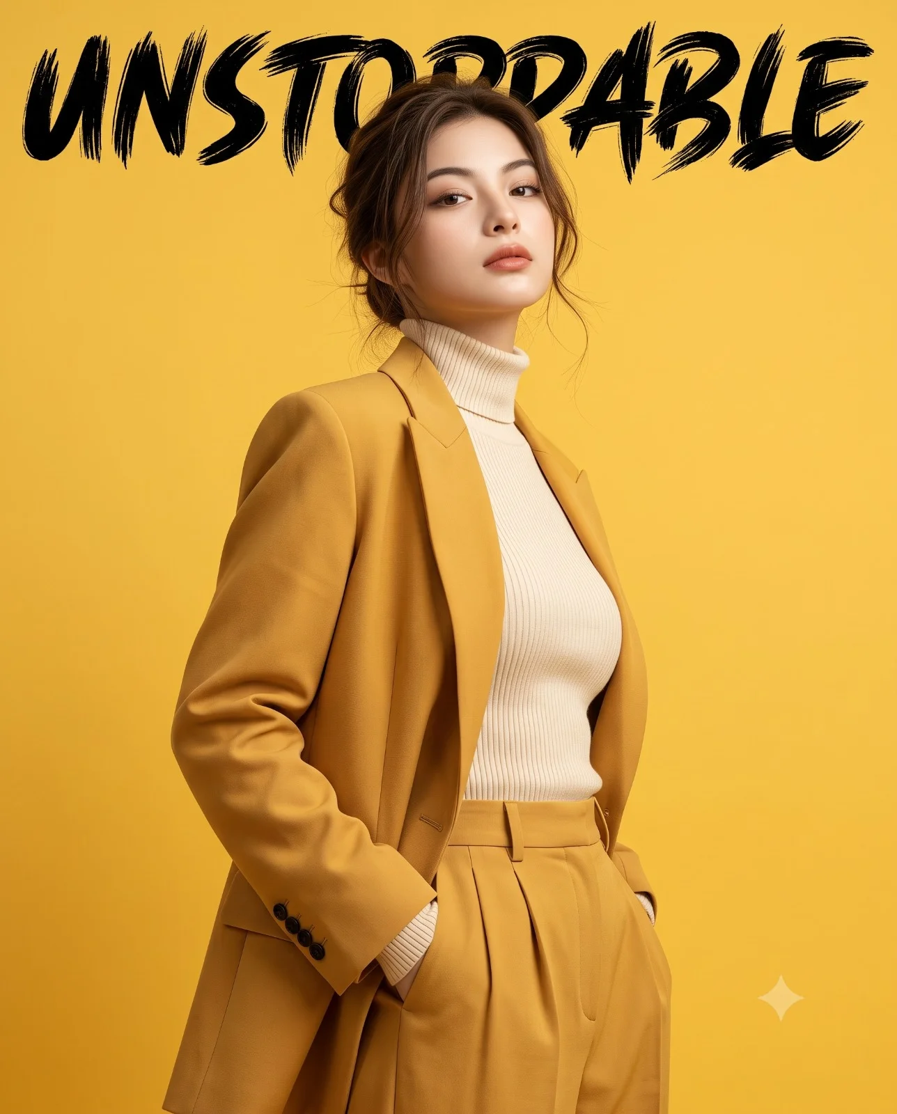 Woman in a mustard-yellow suit beneath bold UNSTOPPABLE lettering
