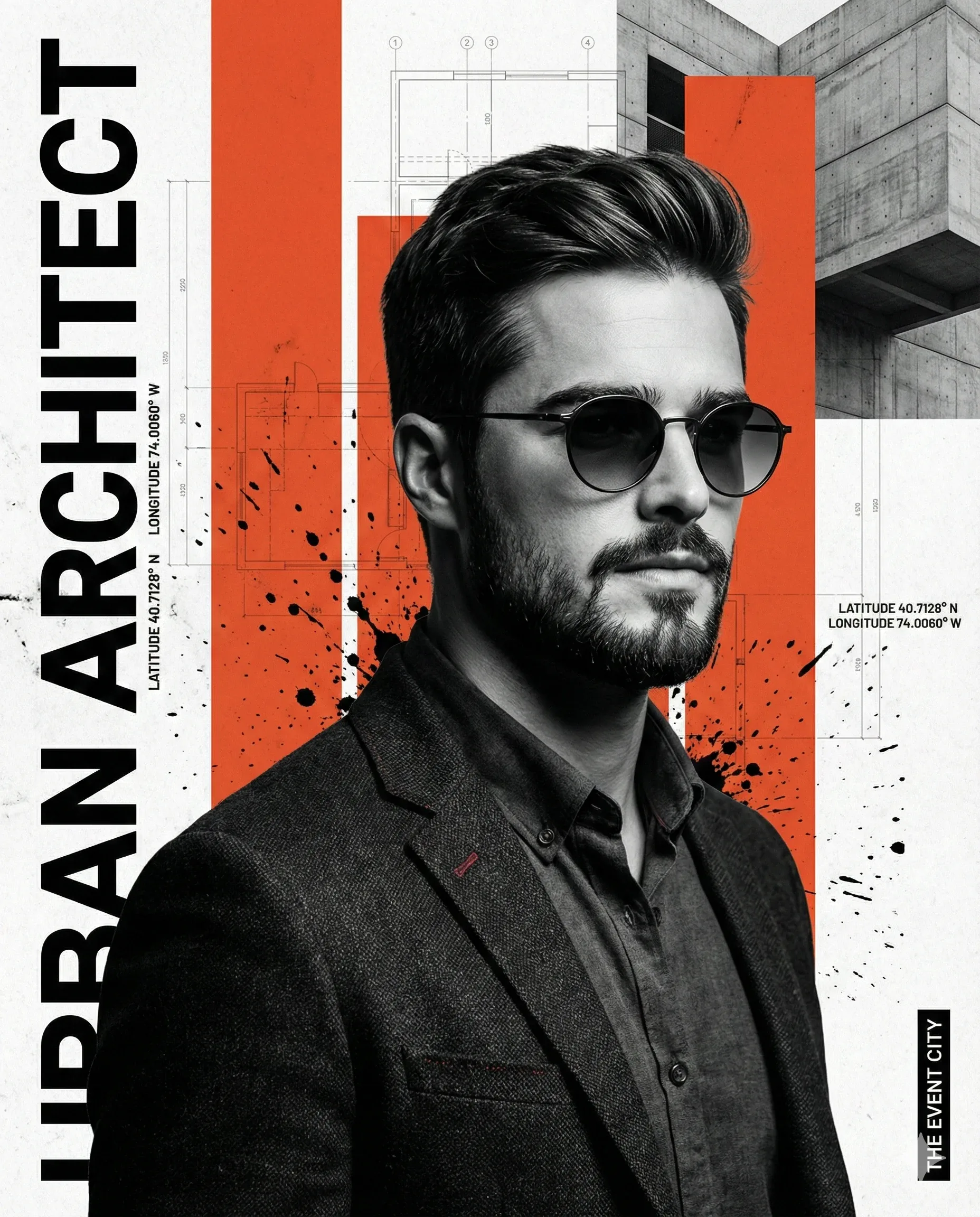 Architectural poster with a suited man, blueprint lines, and URBAN ARCHITECT text