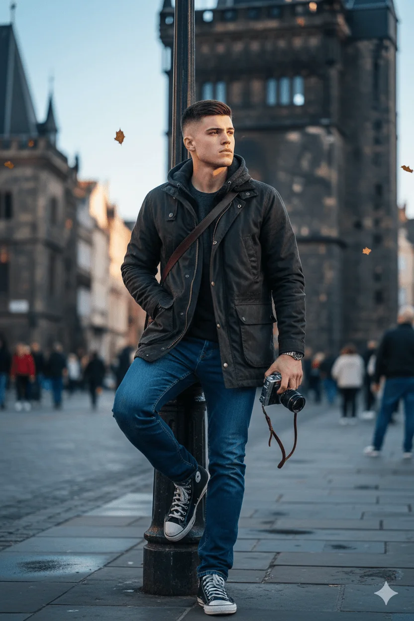 Traveler holding a camera while leaning on a lamppost near a historic tower