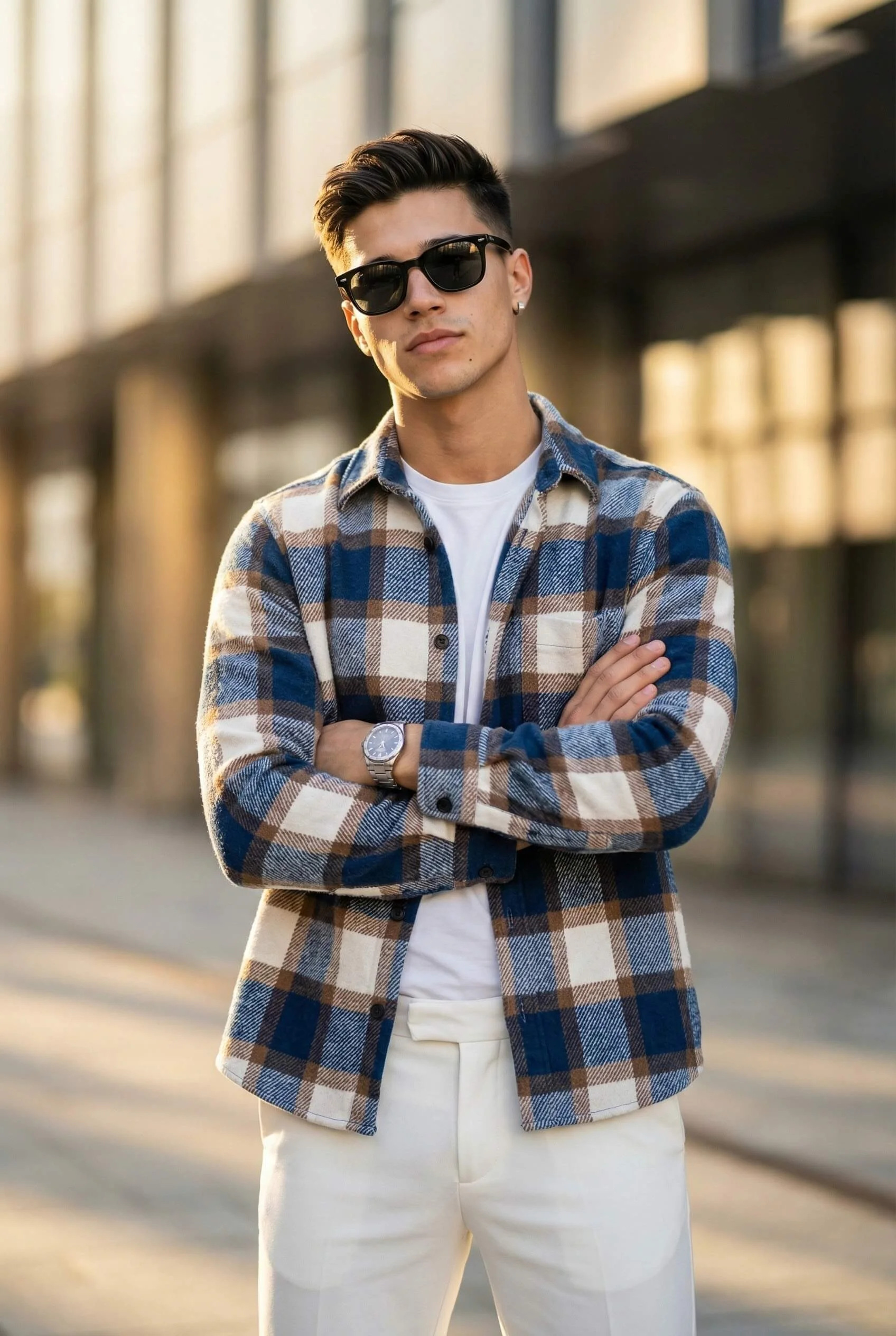 Confident man wearing a checked overshirt and black sunglasses