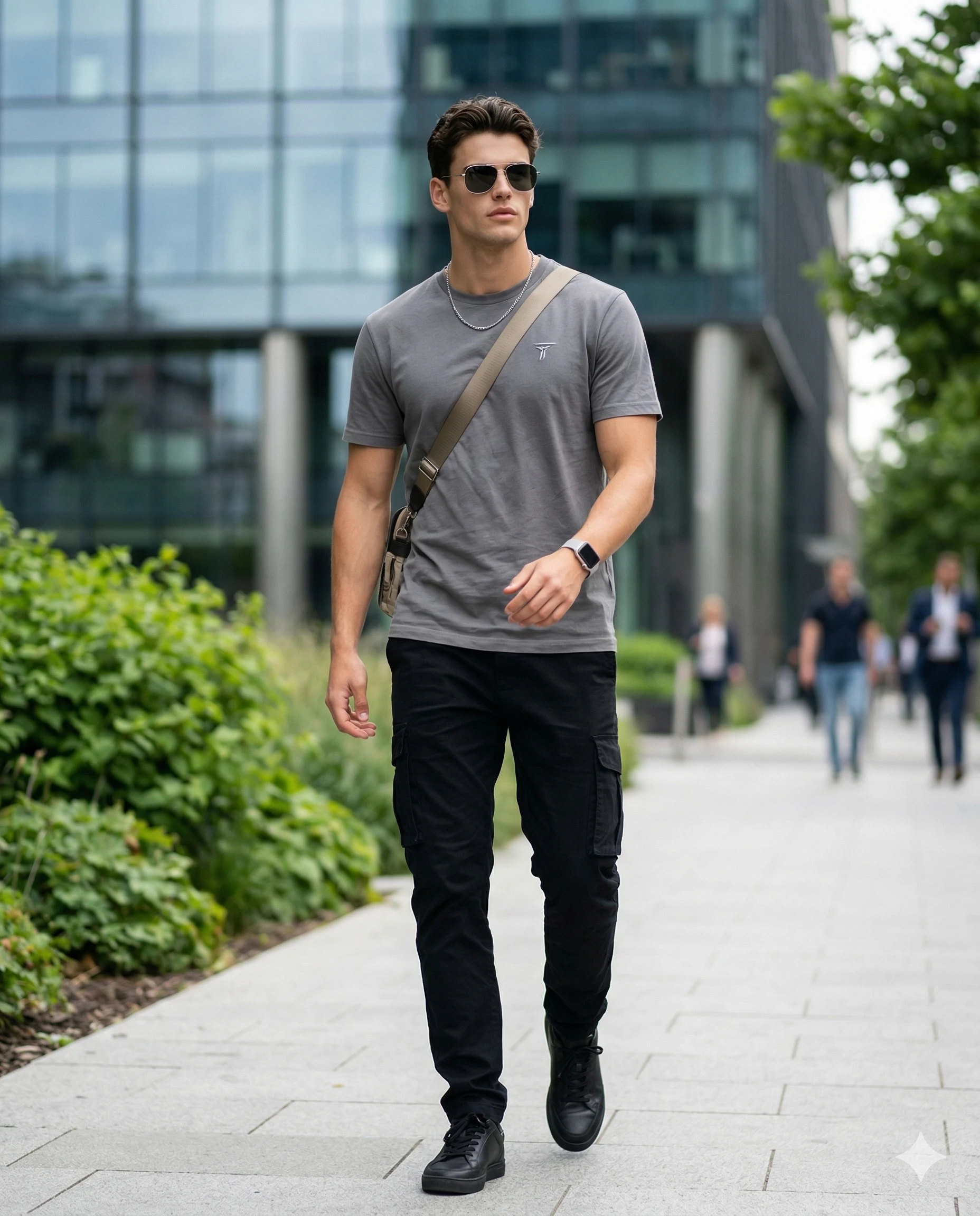 Man in a grey T-shirt and black cargo trousers walking past greenery and glass