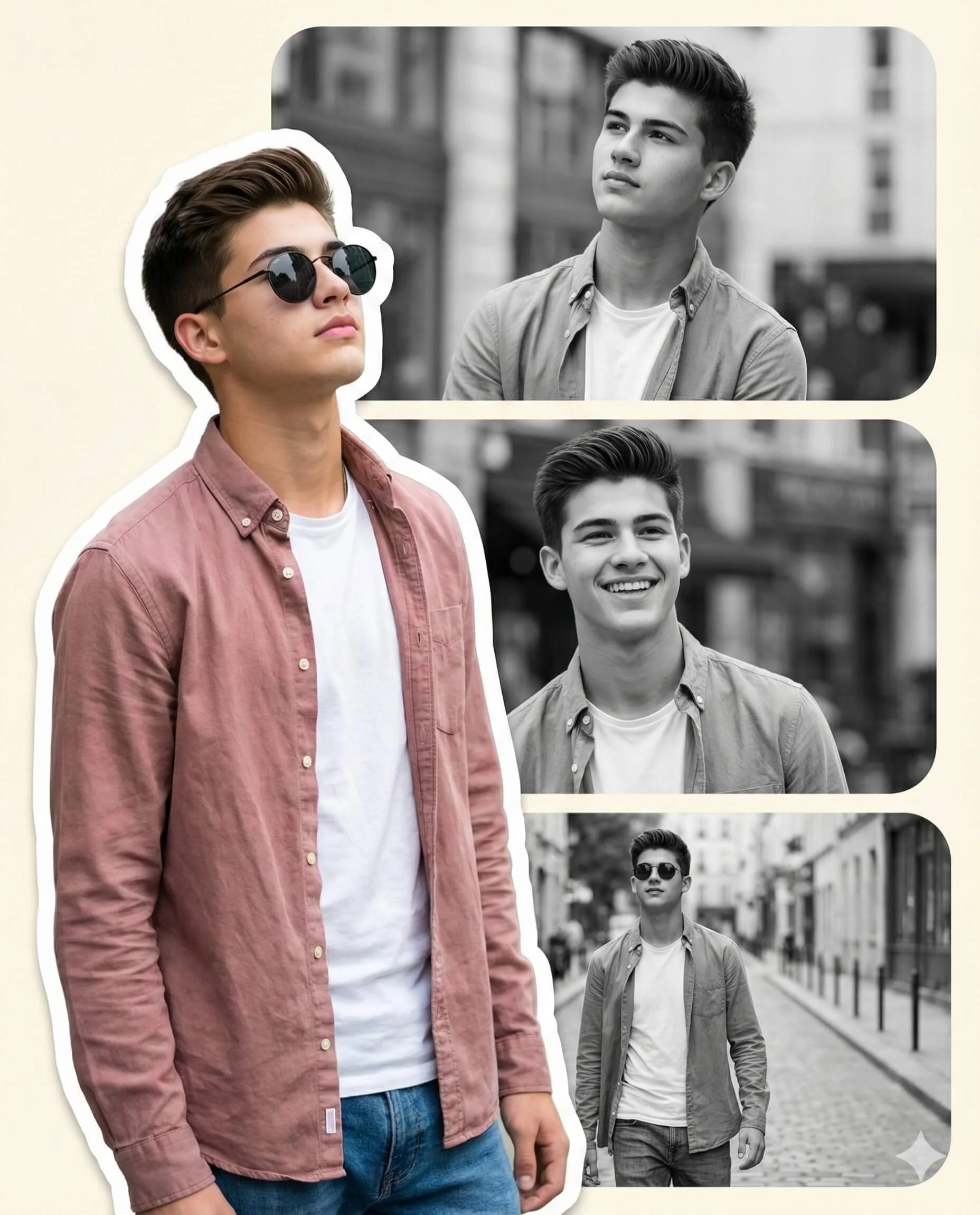 Fashion collage of a man in a pink shirt beside three monochrome portraits