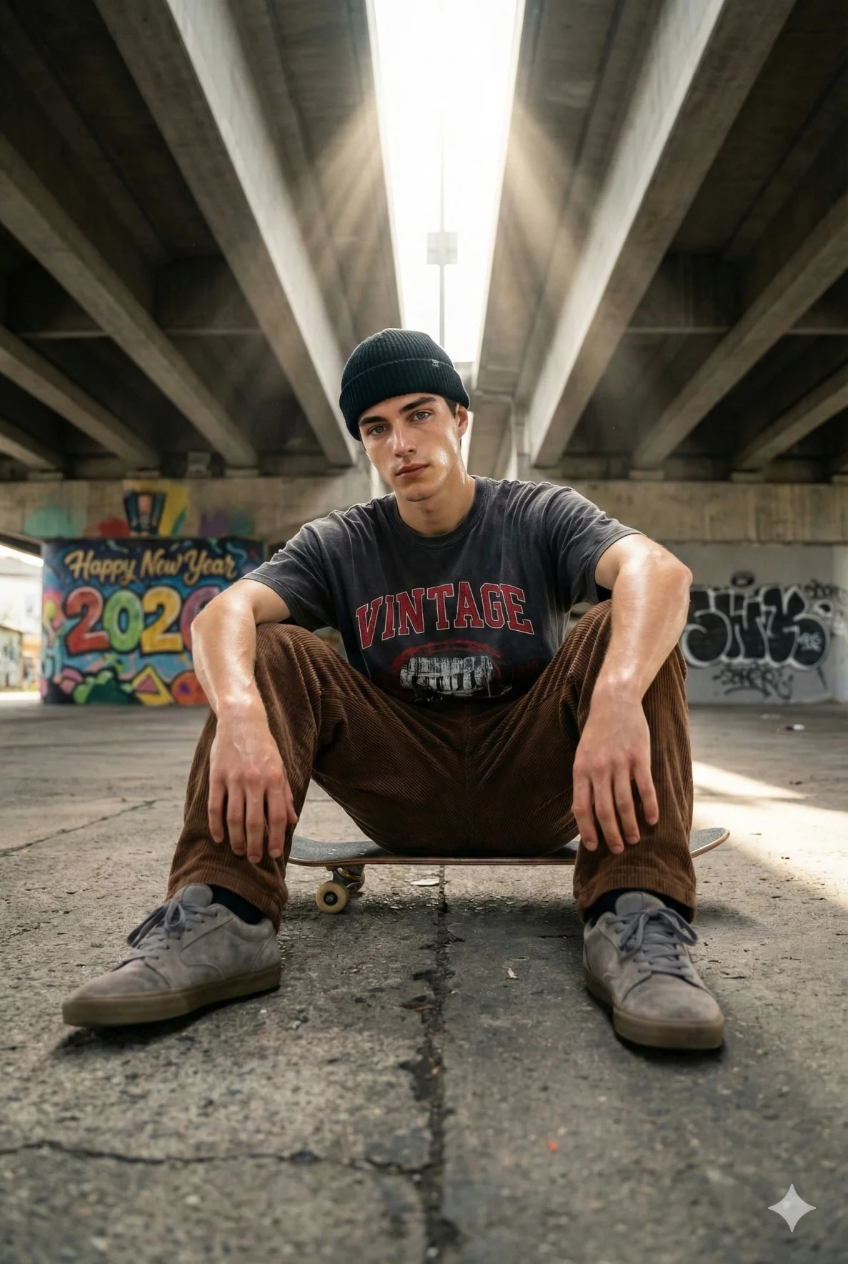 Skateboarder seated under a concrete overpass with graffiti and sun rays