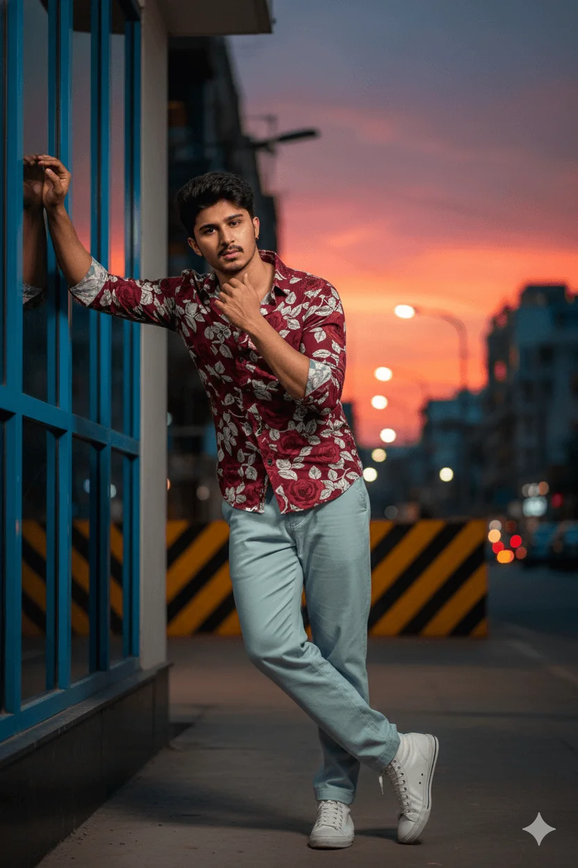 Man in a maroon floral shirt leaning against a blue-framed city window at dusk