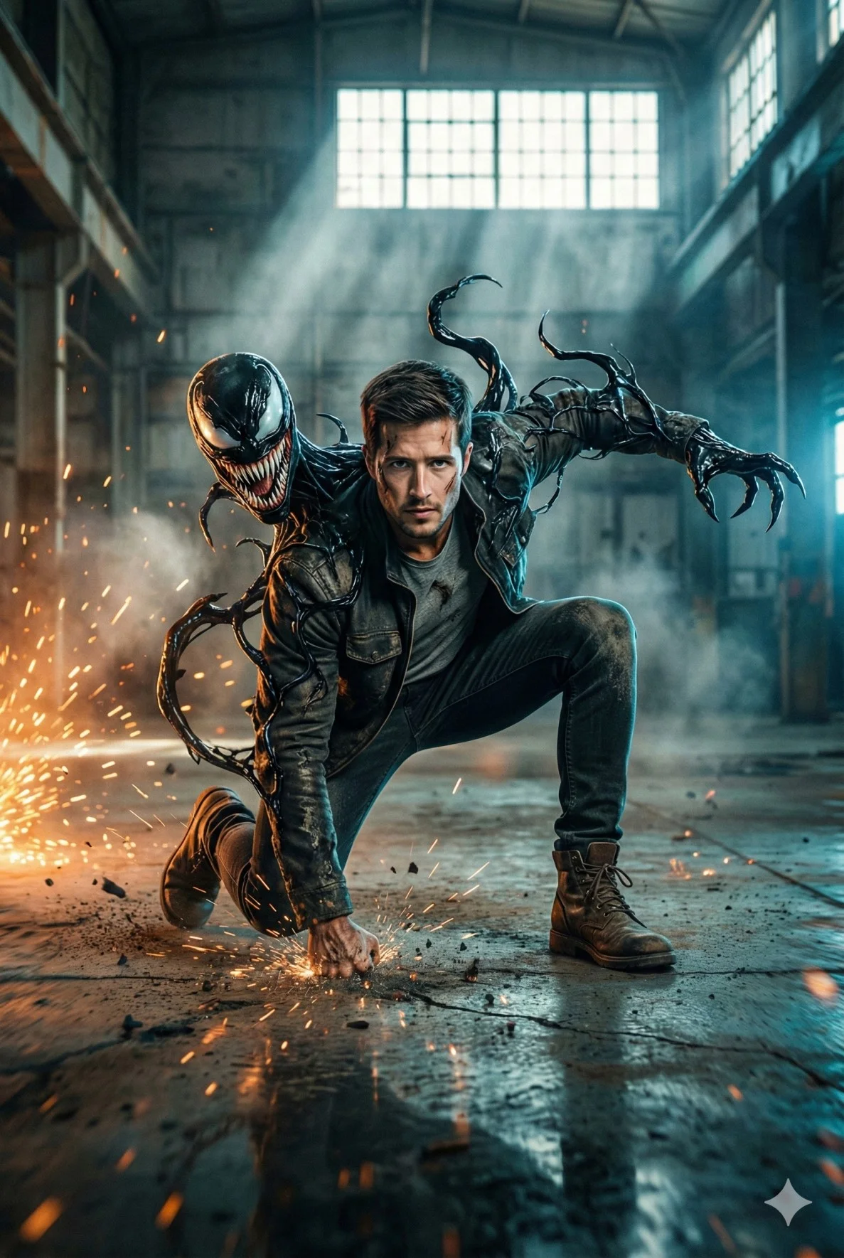 Man in a crouched landing pose with a black symbiote erupting behind him