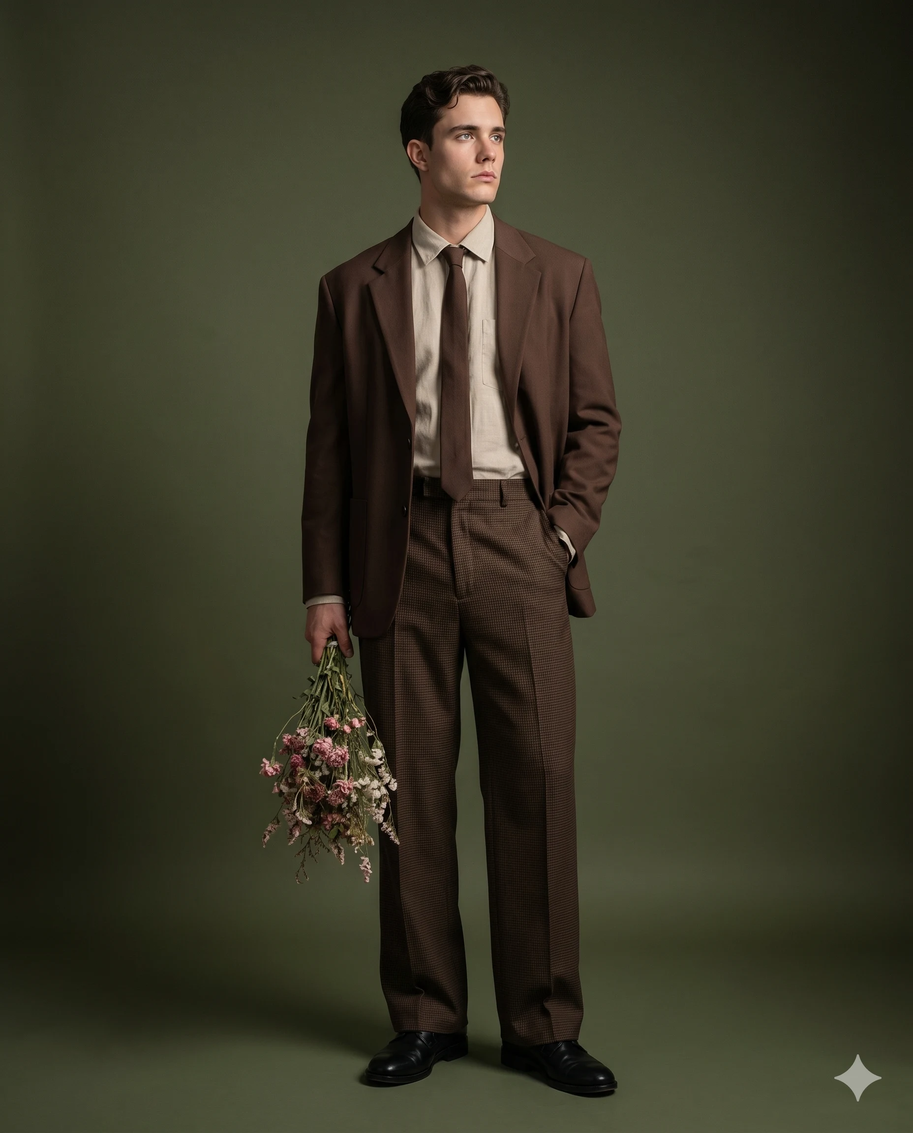 Man in a chocolate-brown suit holding a small dried flower bouquet
