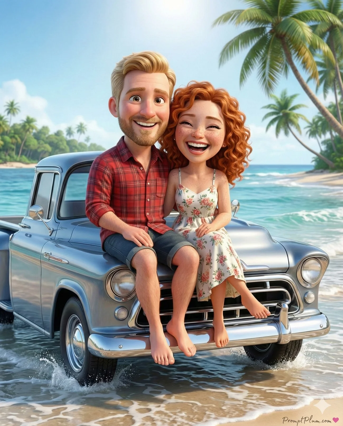 3D bobblehead couple sitting barefoot on a vintage pickup truck at the beach