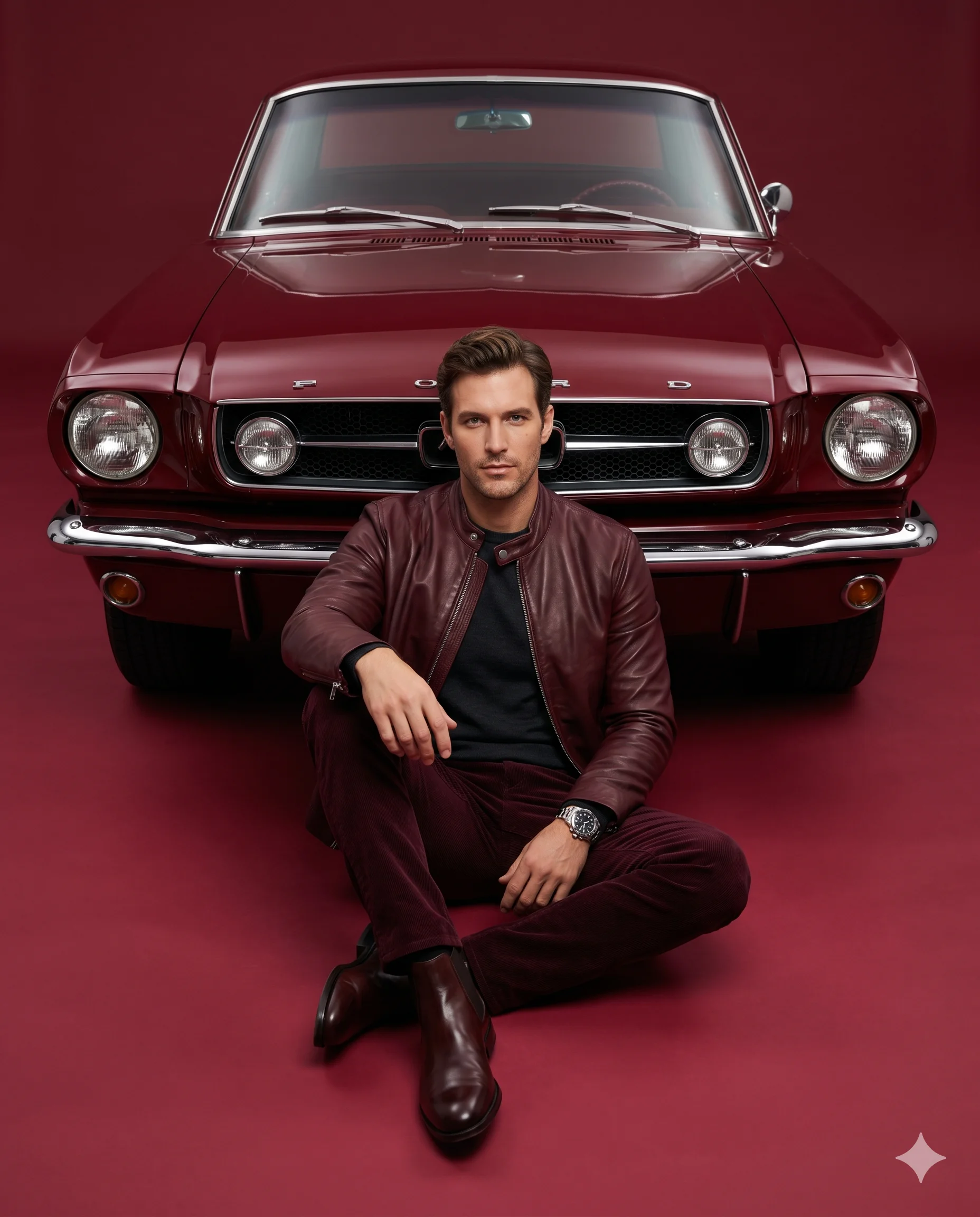 Man in burgundy clothing seated cross-legged before a vintage car