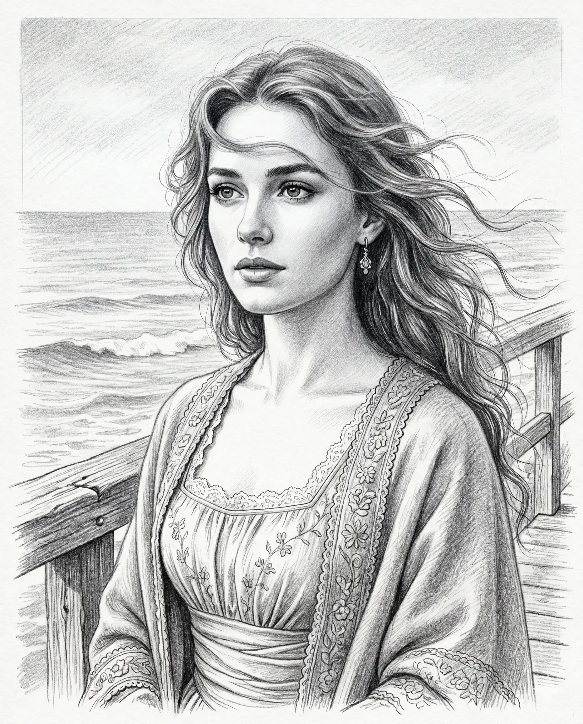 Graphite portrait of a windswept woman in vintage clothing by the ocean