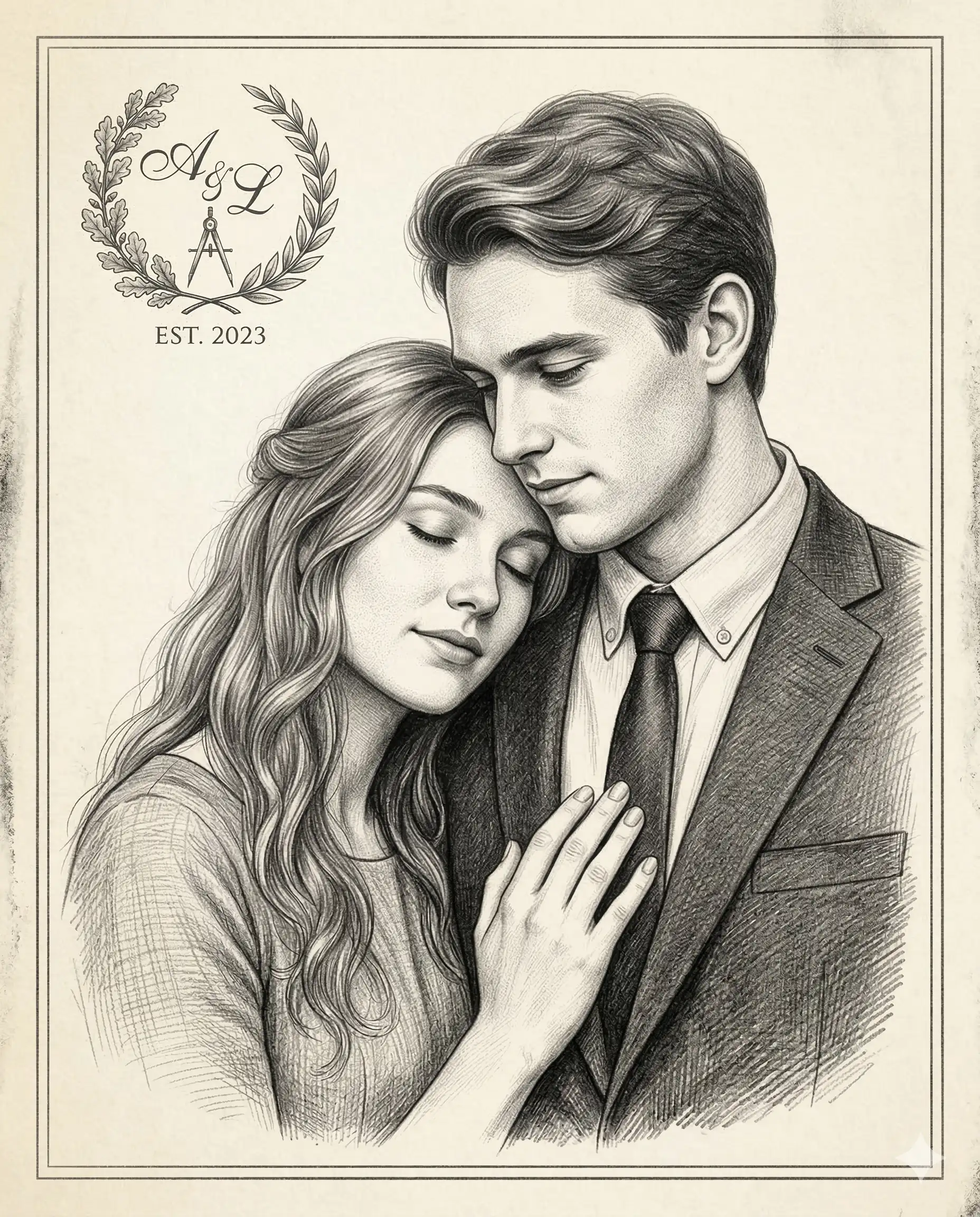 Graphite portrait of an embracing couple with an A and L crest on parchment