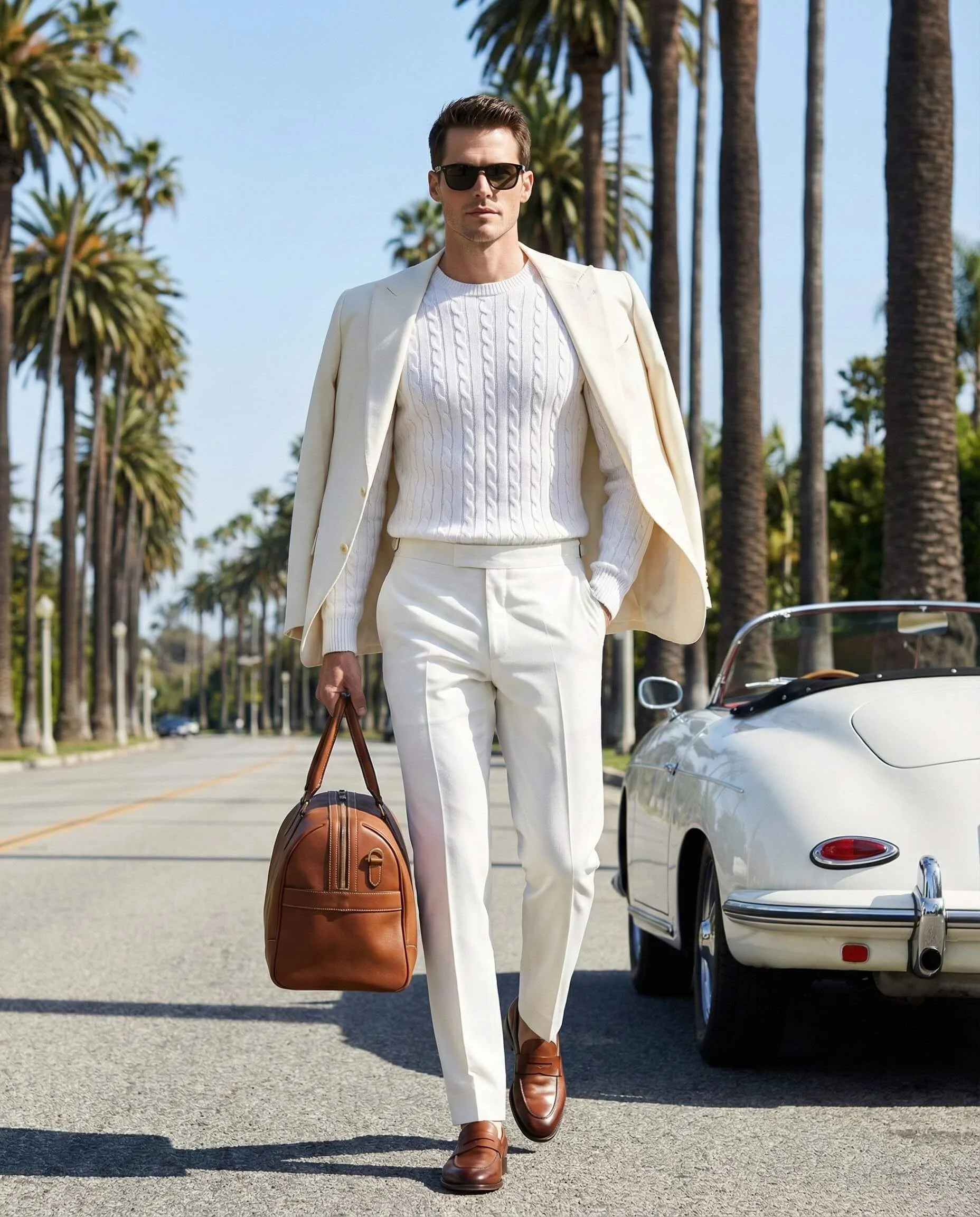 Man in all-white clothing carrying a brown duffle beside a vintage convertible