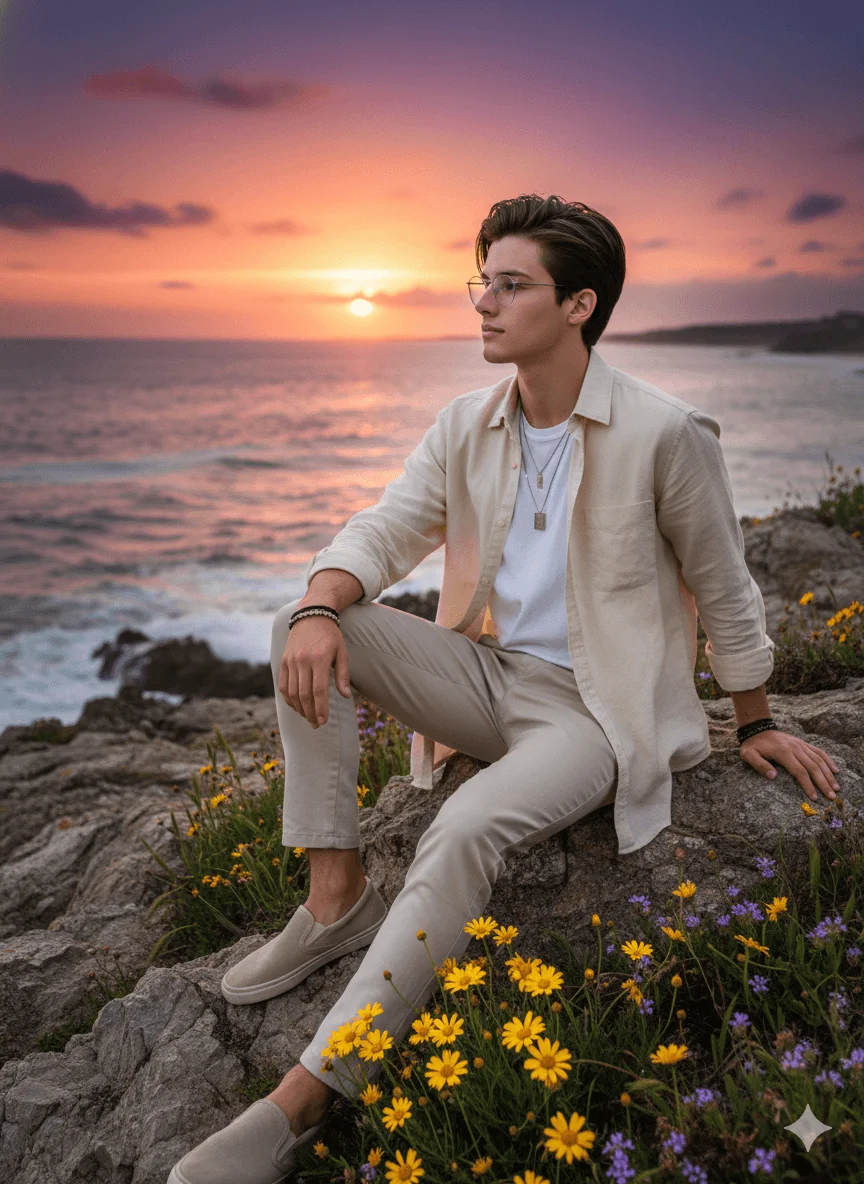 Man in a cream linen shirt seated on coastal rocks at a violet sunset