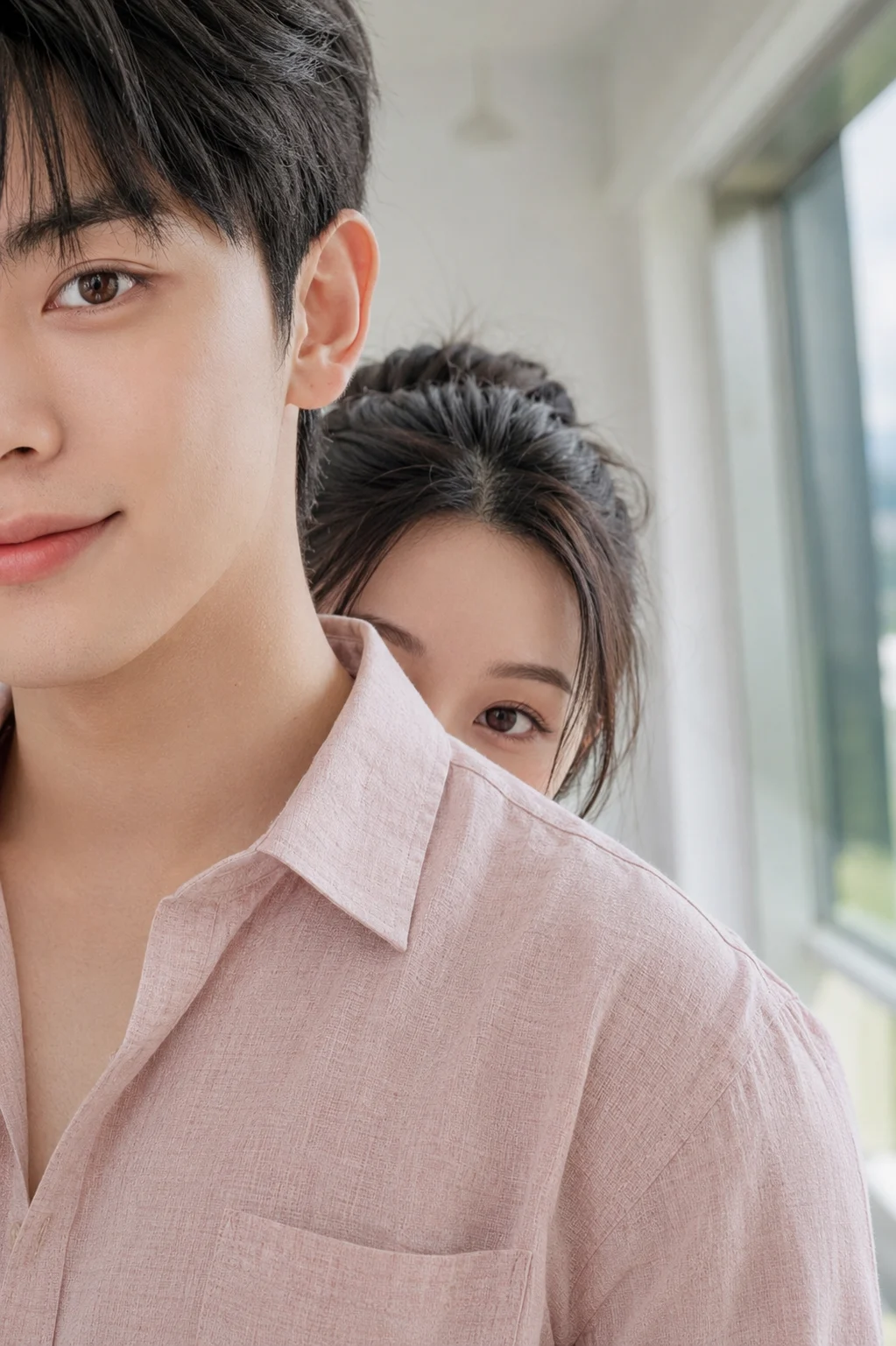 Woman peeking over a man’s shoulder in a softly lit indoor close-up